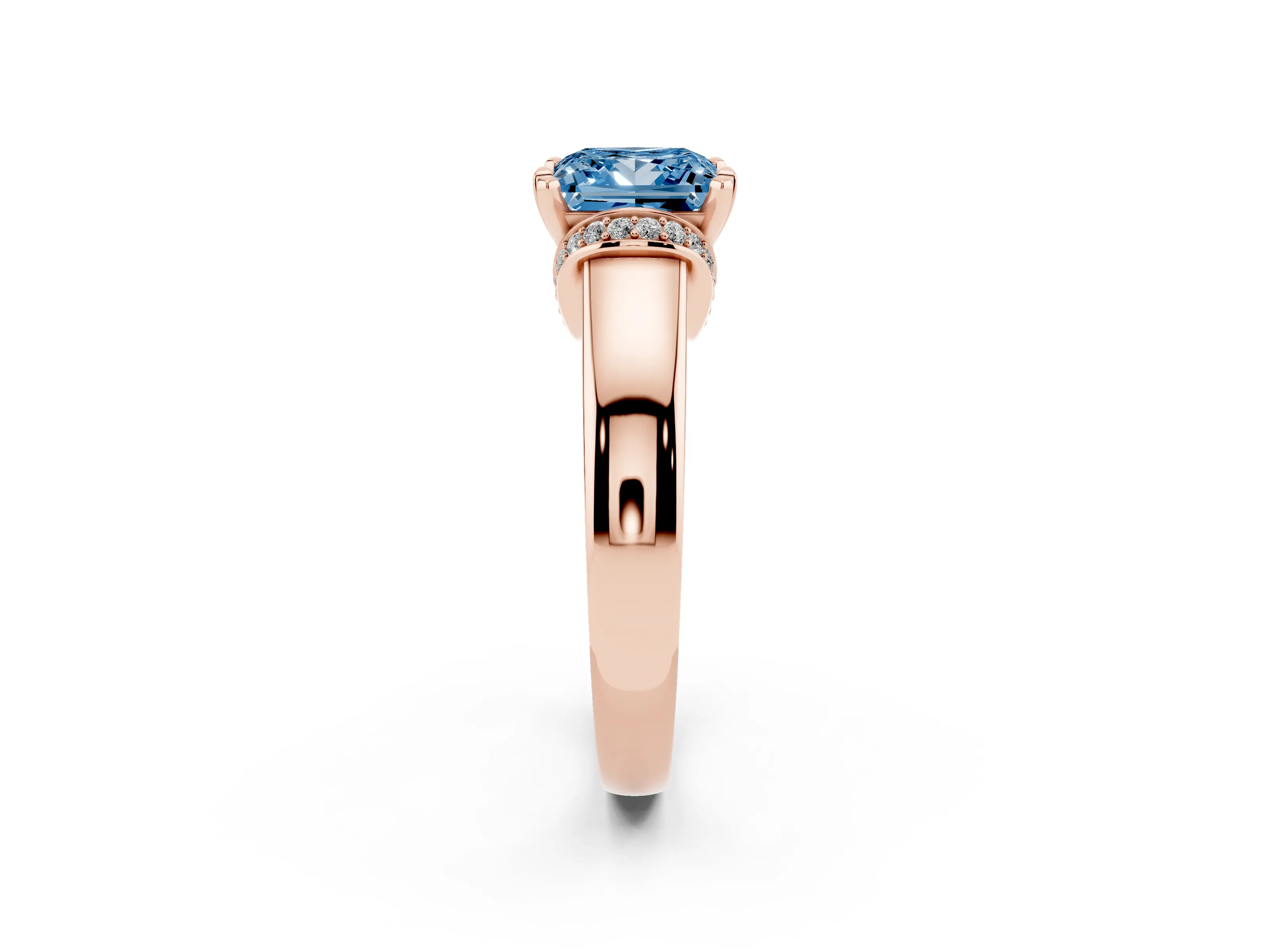 Fancy Blue Princess Cut Diamond Pavé Band Solitaire Ring Set in Rose gold with Prong Setting