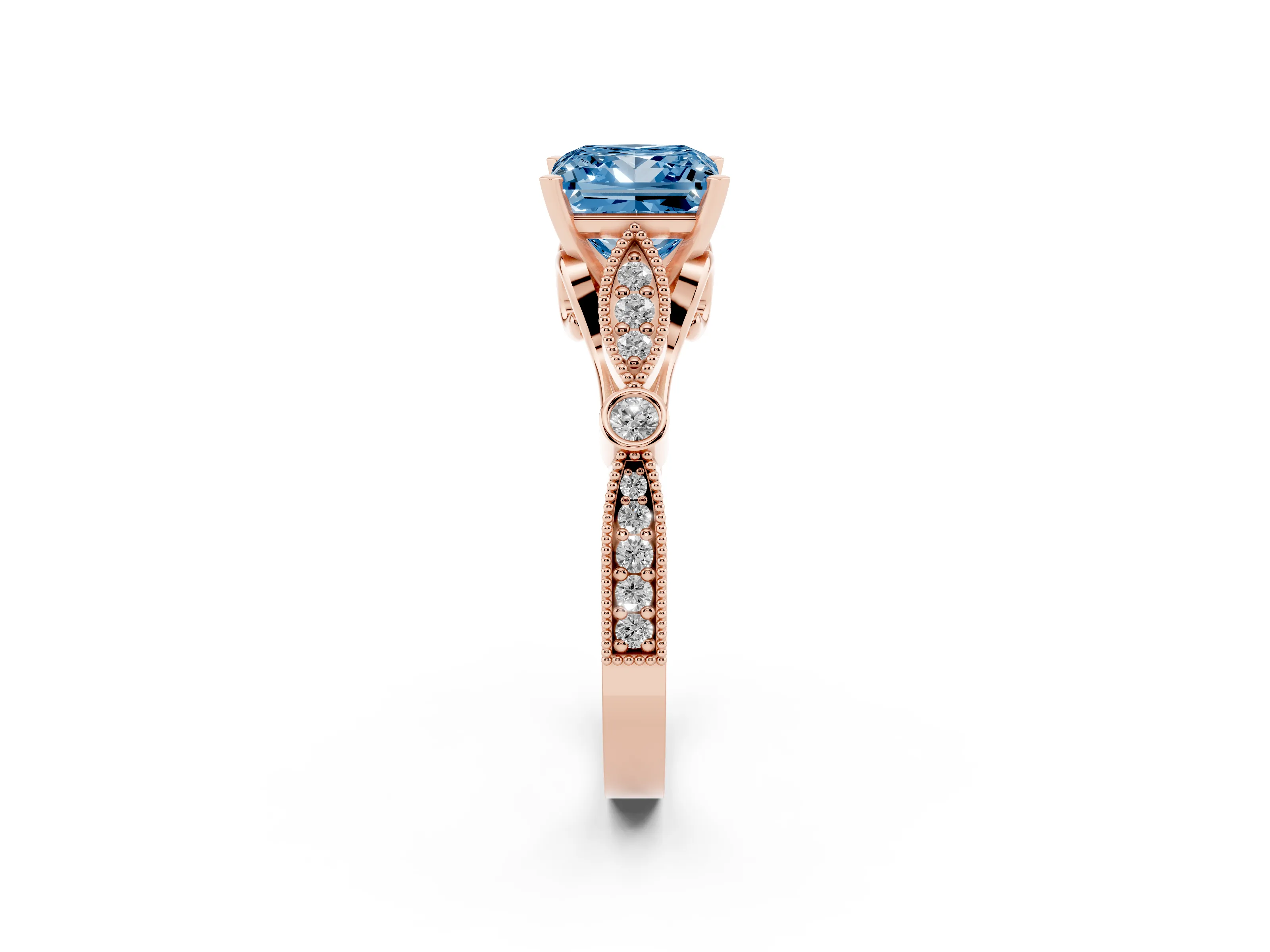 Fancy Blue Princess Cut Diamond Solitaire Ring Set in Rose gold with Milgrain Marquise and Bezel Accents
