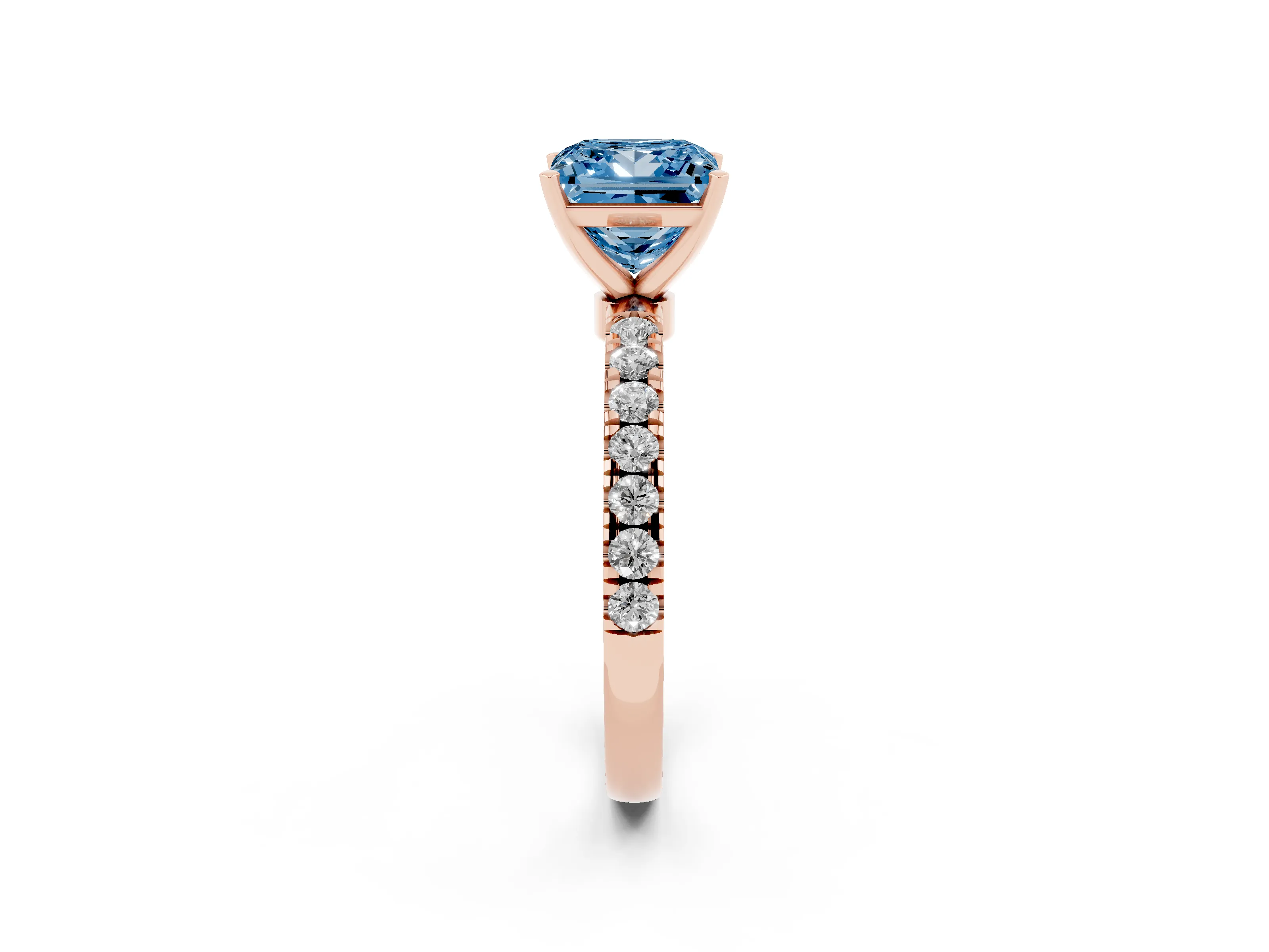 Fancy Blue Princess Cut Diamond Solitaire Ring Set in Rose gold with Pavé Accents and Prong Setting