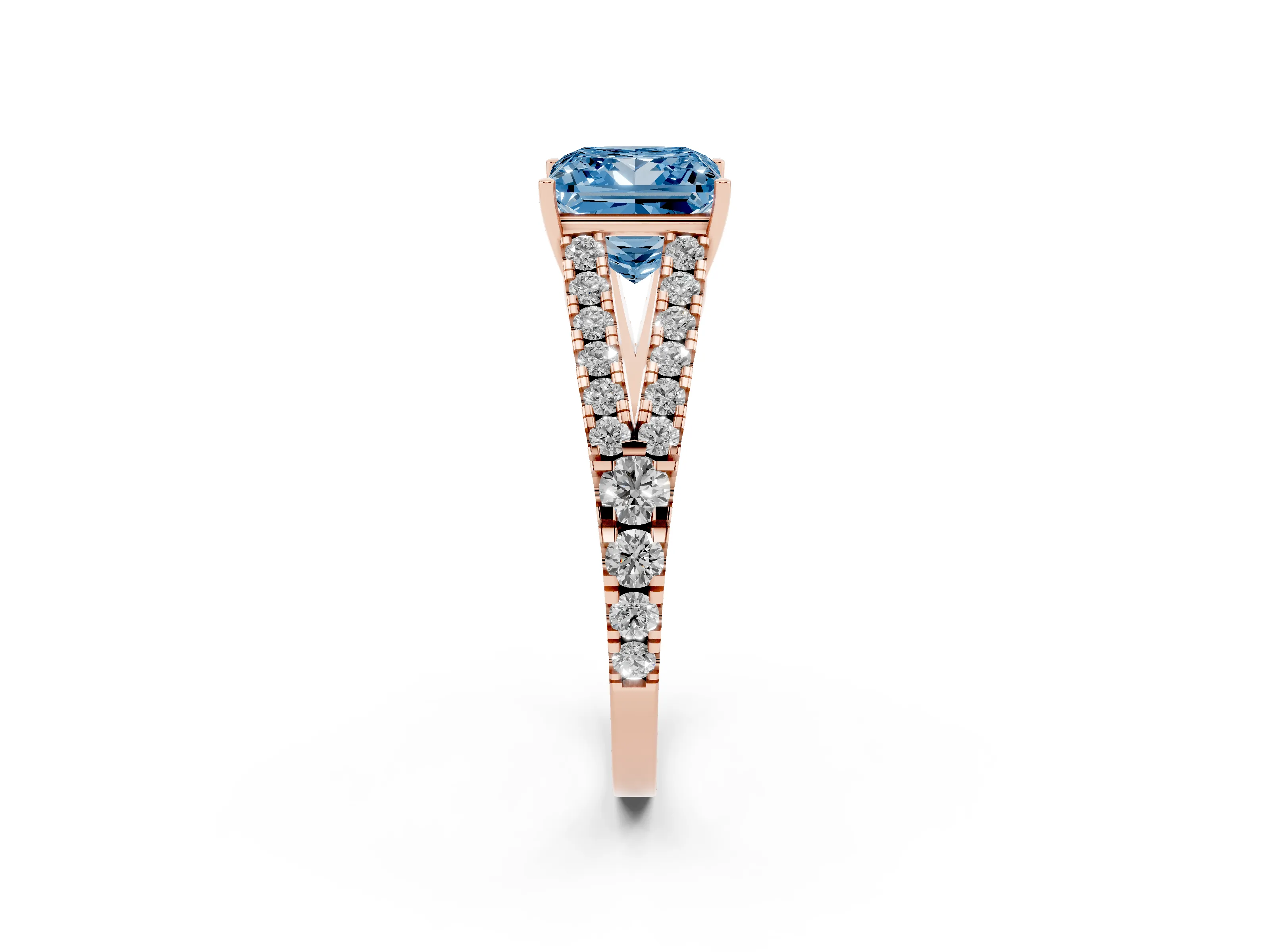 Fancy Blue Princess Cut Diamond Split Shank Pavé Engagement Ring Set in Rose gold with Prong-Held Center Stone