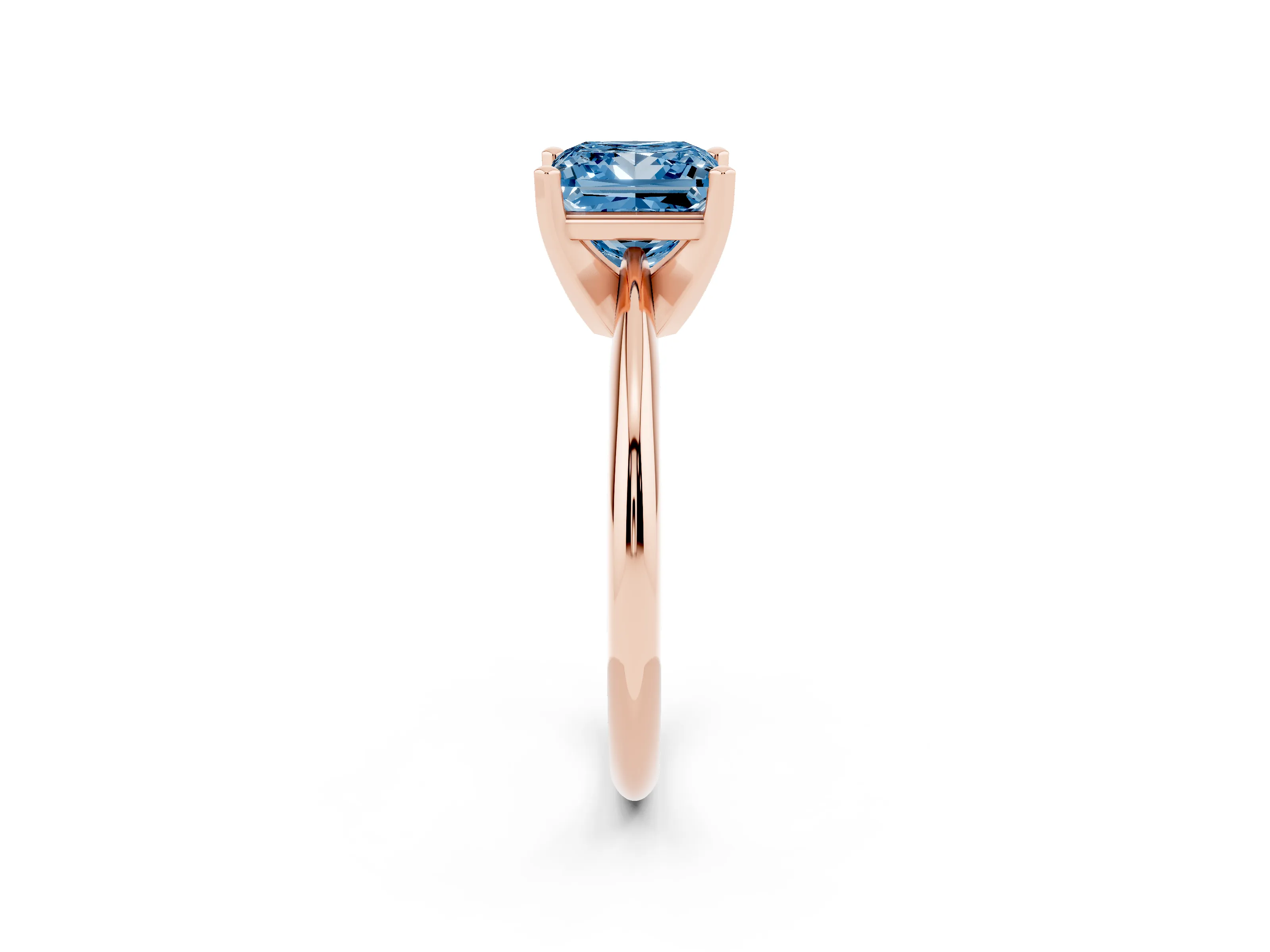 Fancy Blue Princess Cut Diamond Solitaire Ring Set in Rose gold with Prong Setting on a Plain Round Band