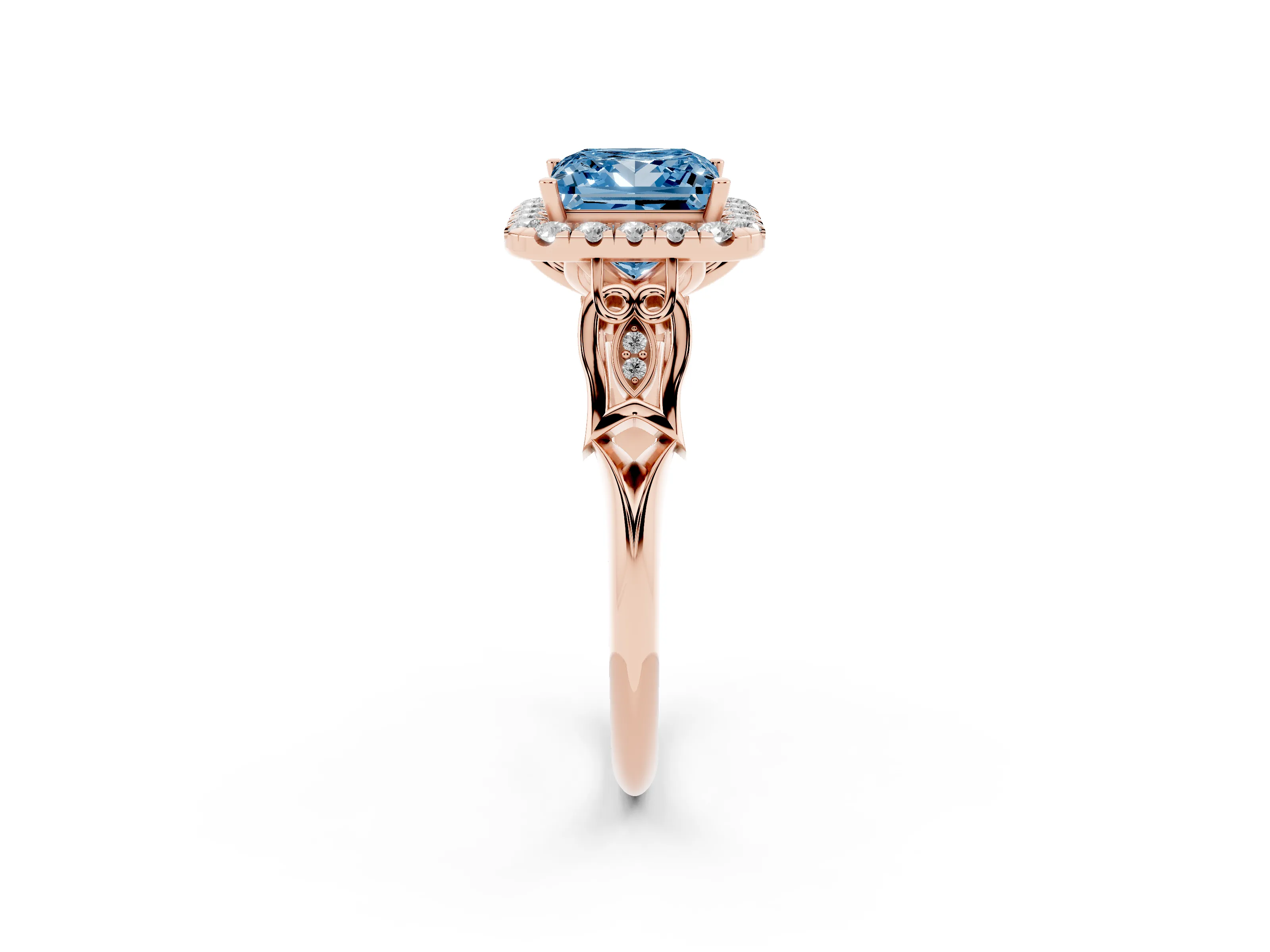 Fancy Blue Princess Cut Diamond Halo Engagement Ring Set in Rose gold with Filigree Band and Prong-Set Center