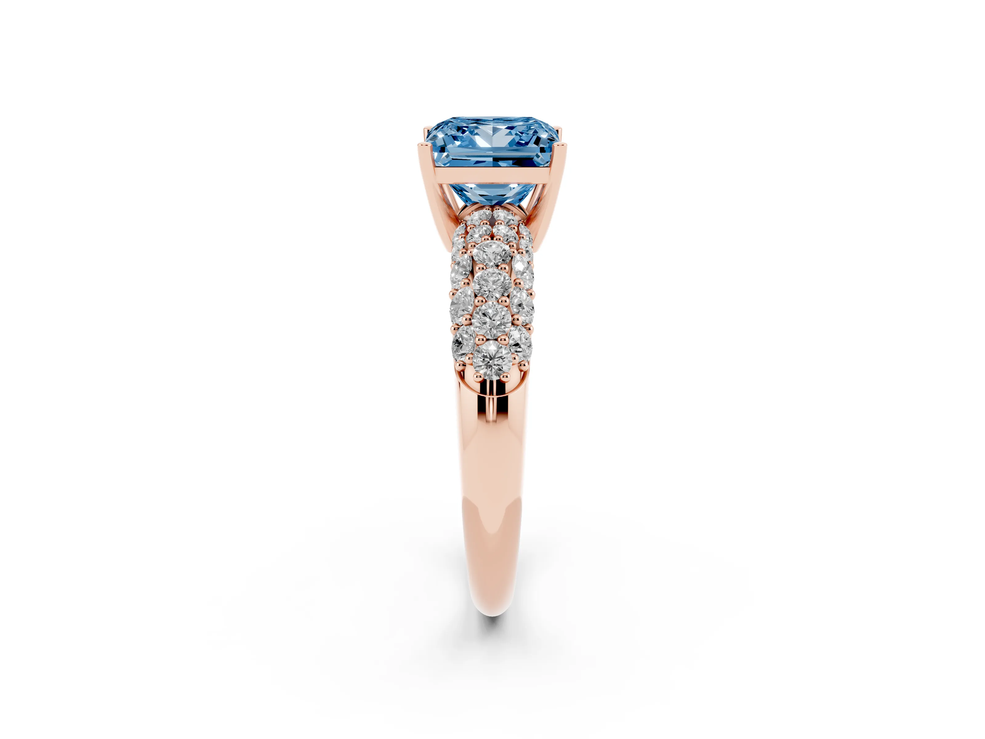 Fancy Blue Princess Cut Diamond Pavé Band Solitaire Ring Set in Rose gold with Close-Set Accent Stones and Prong Setting