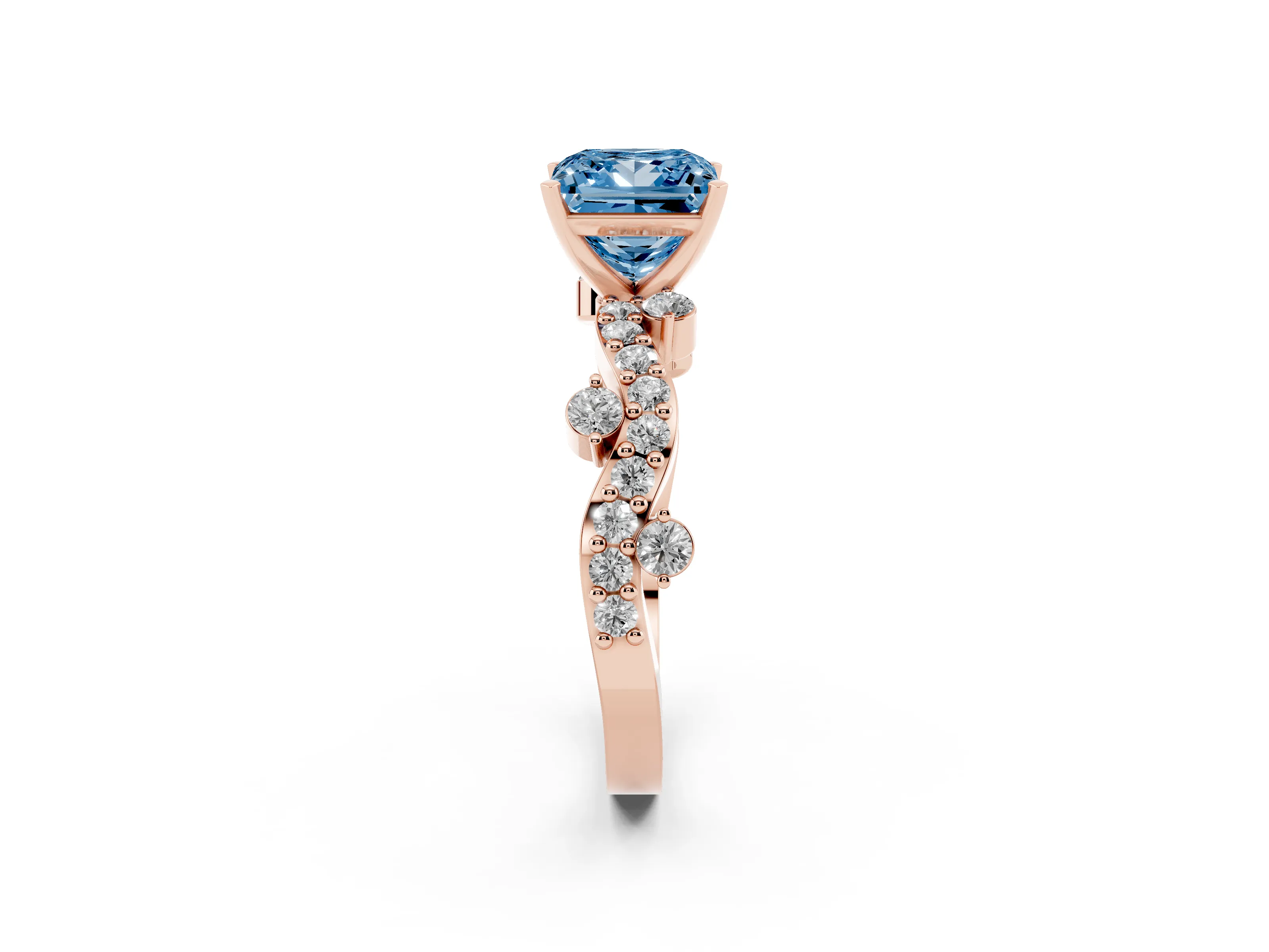 Fancy Blue Princess Cut Diamond Solitaire Twisted Band Set in Rose gold with Pavé Setting