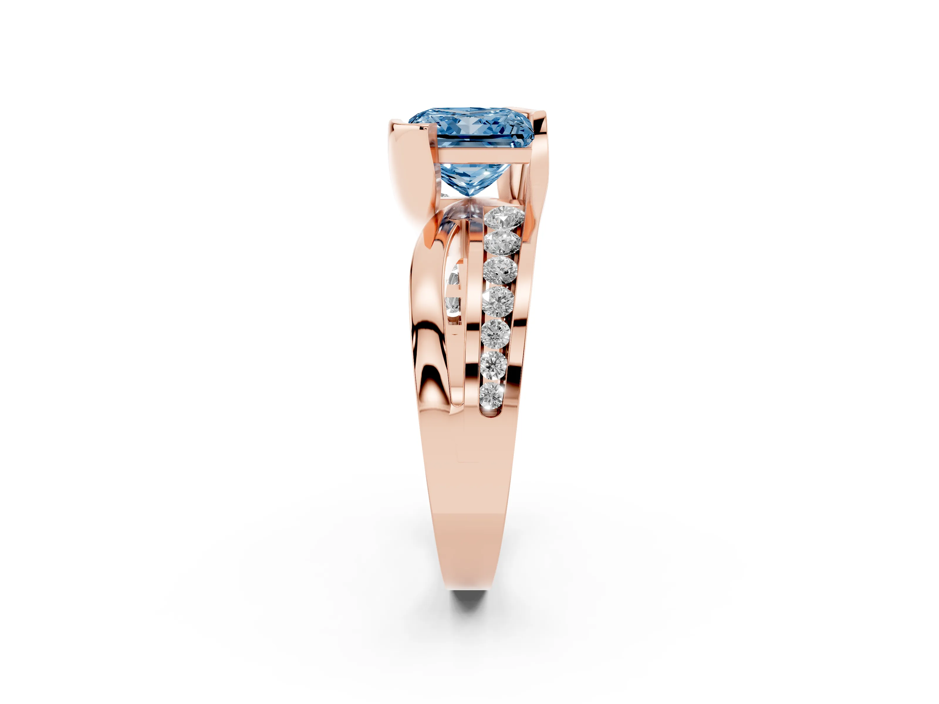 Fancy Blue Princess Cut Diamond Solitaire Ring Set in Rose gold with Channel Set Split Shank and Tension Prongs
