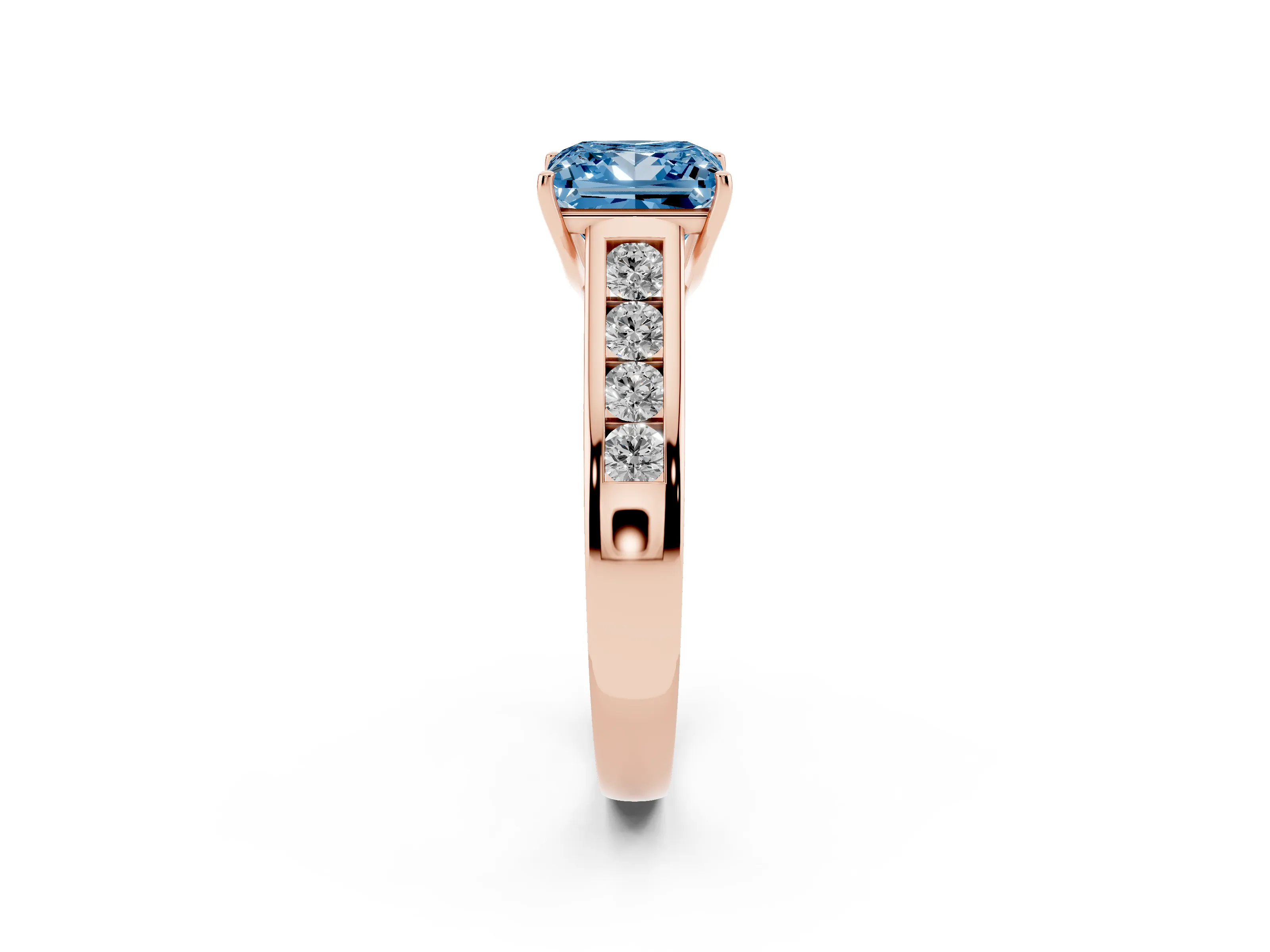 Fancy Blue Princess Cut Diamond Solitaire Channel-Set Engagement Ring Set in Rose gold with Prong Setting
