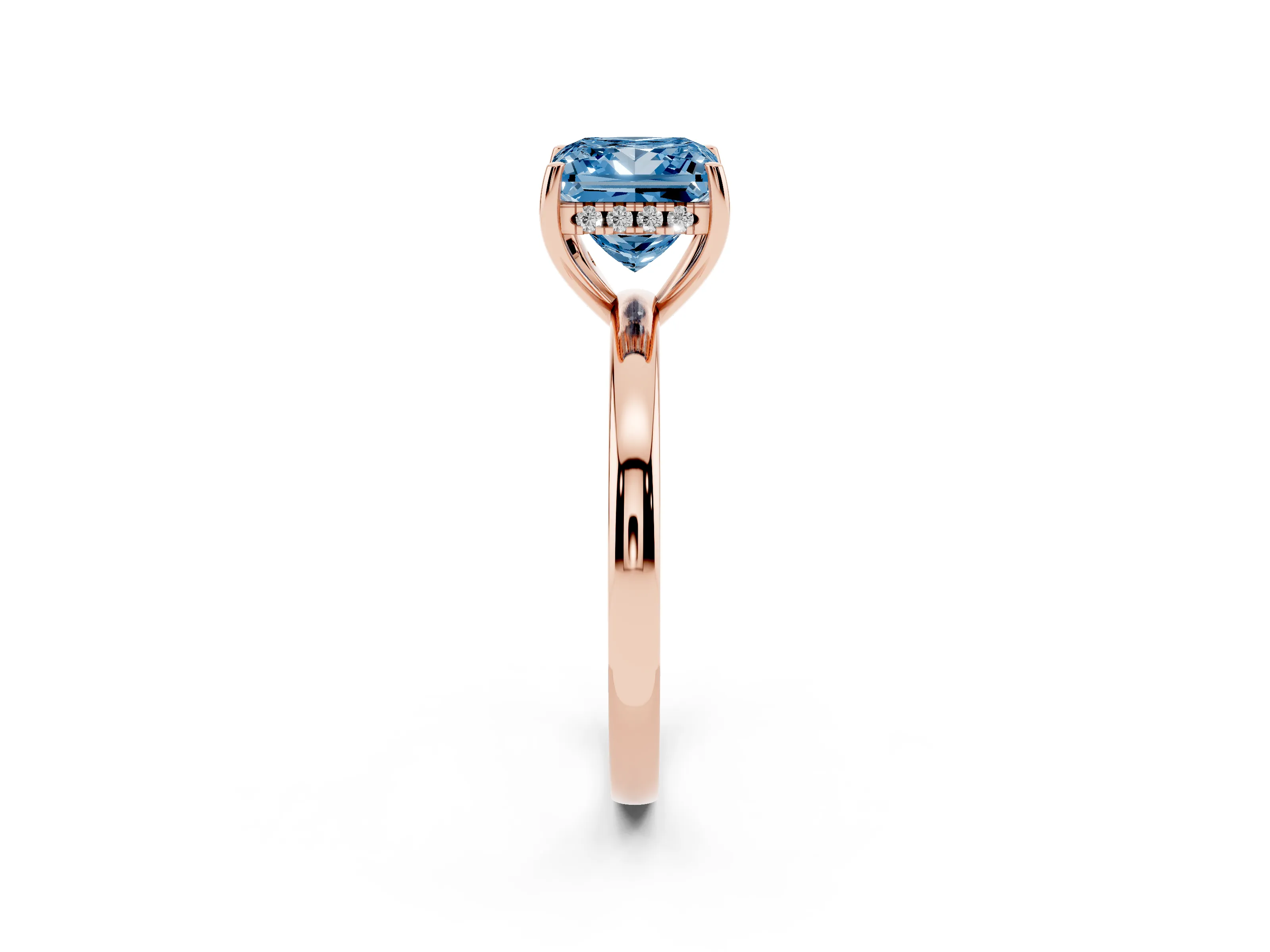 Fancy Blue Princess Cut Diamond Solitaire Ring Set in Rose gold with Plain Band and Prong Setting