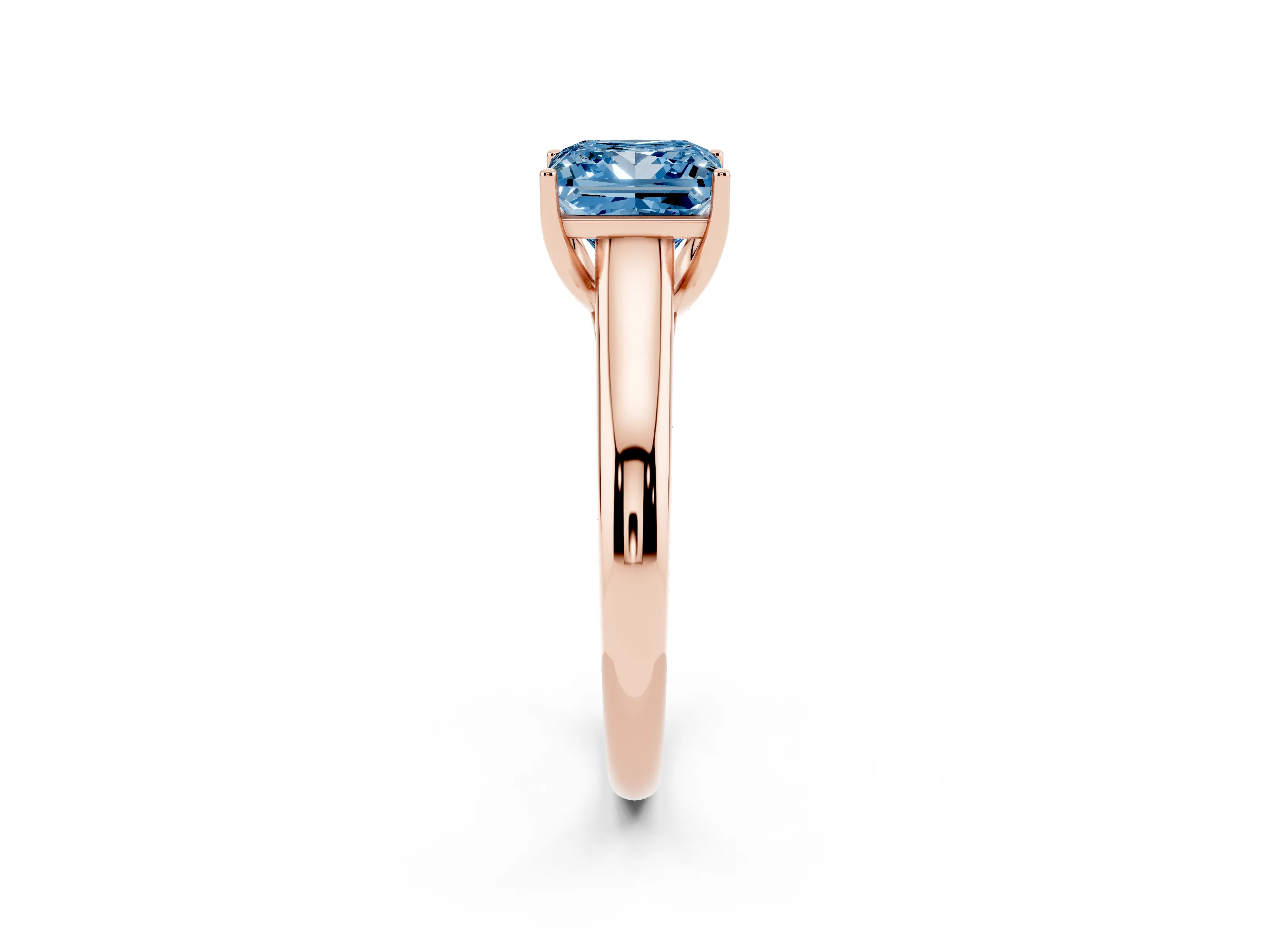 Fancy Blue Princess Cut Diamond Solitaire Engagement Ring Set in Rose gold with Subtly Tapered Band and Prong Setting