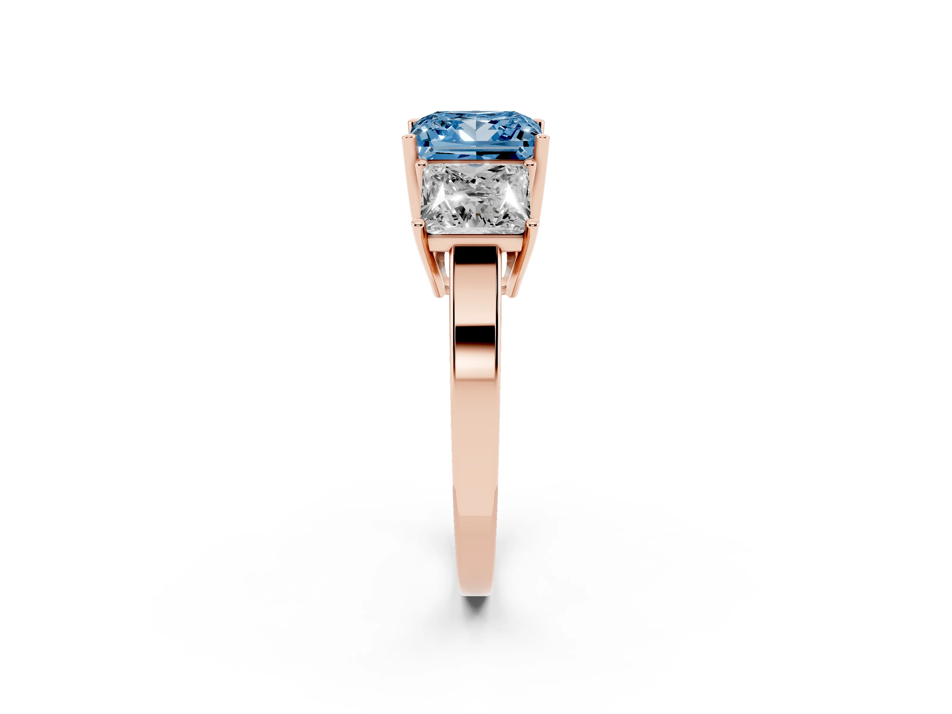 Fancy Blue Princess Cut Diamond Three-Stone Engagement Ring Set in Rose gold with Flat Band