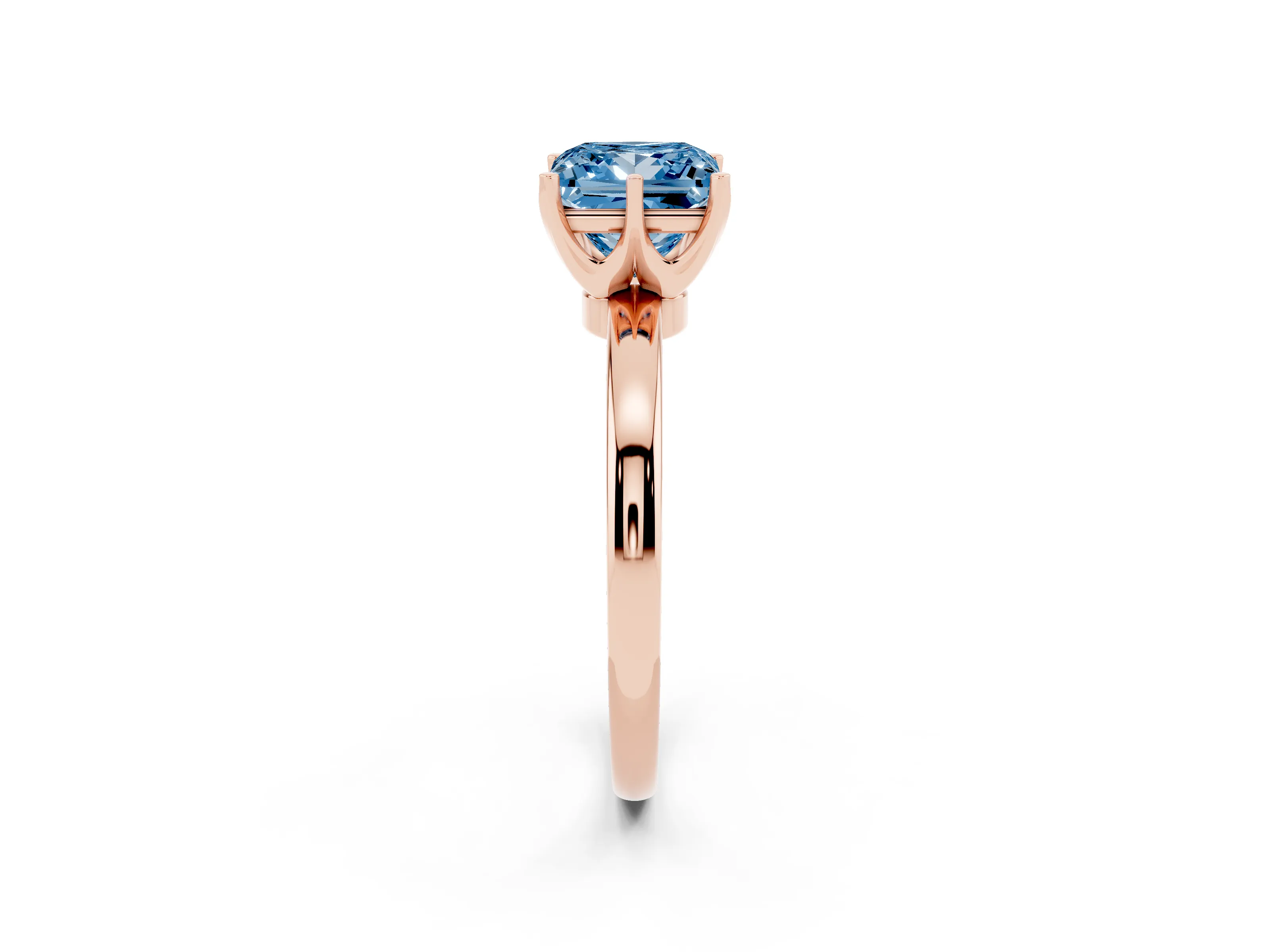 Fancy Blue Princess Cut Diamond Solitaire Ring Set in Rose gold with Raised Prong Setting on a Classic Band