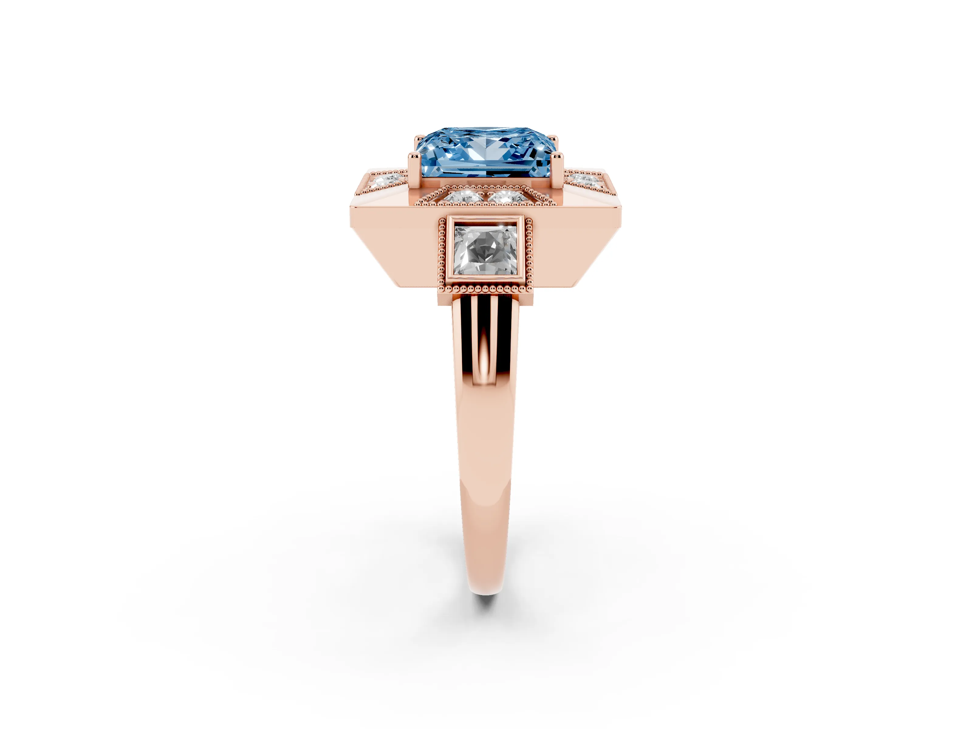 Fancy Blue Princess Cut Diamond Milgrain Halo Ring Set in Rose gold with Split Shank