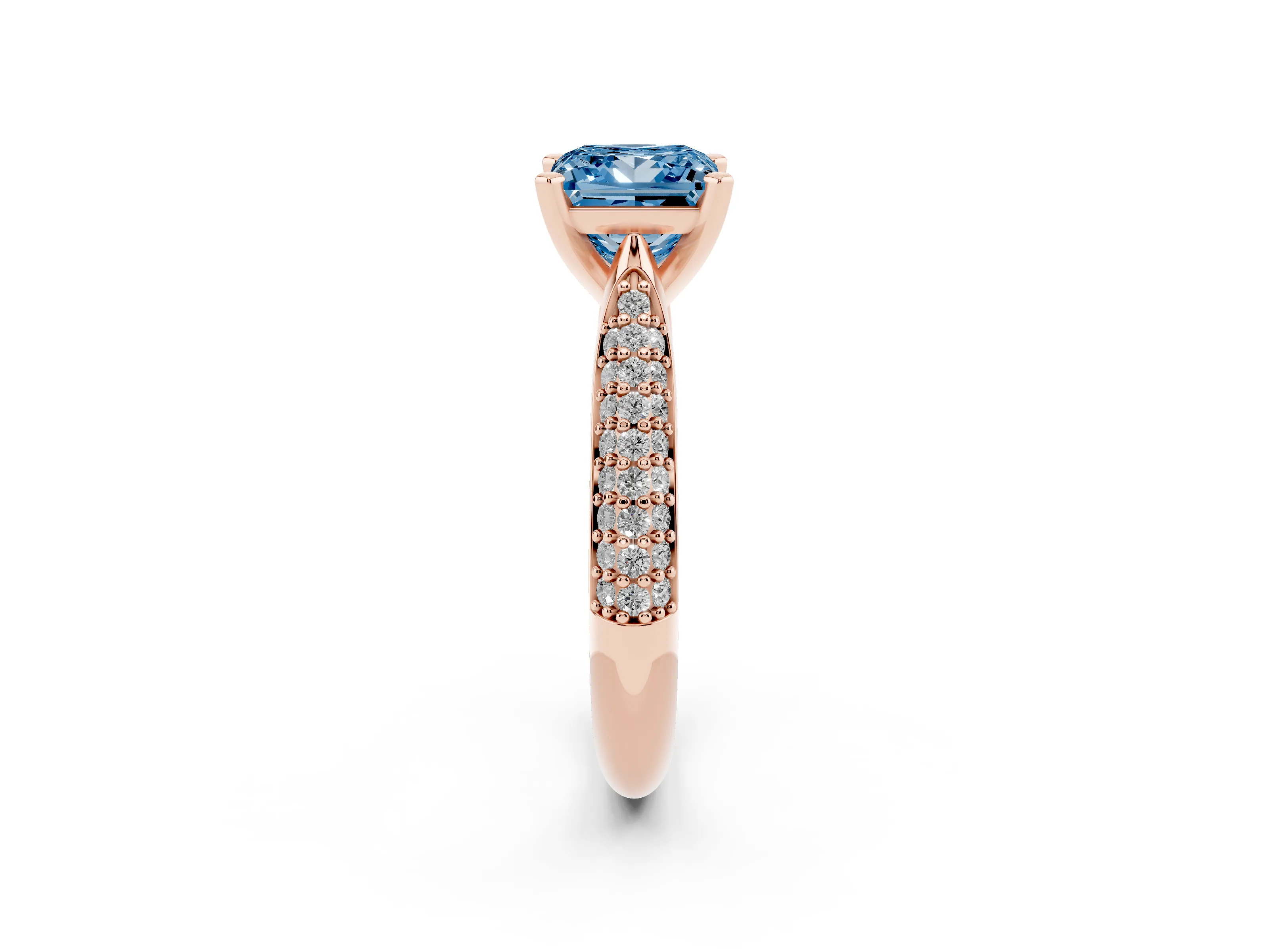 Fancy Blue Princess Cut Diamond Solitaire Engagement Ring Set in Rose gold with Multi-Row Round Pavé Band and Prong Setting