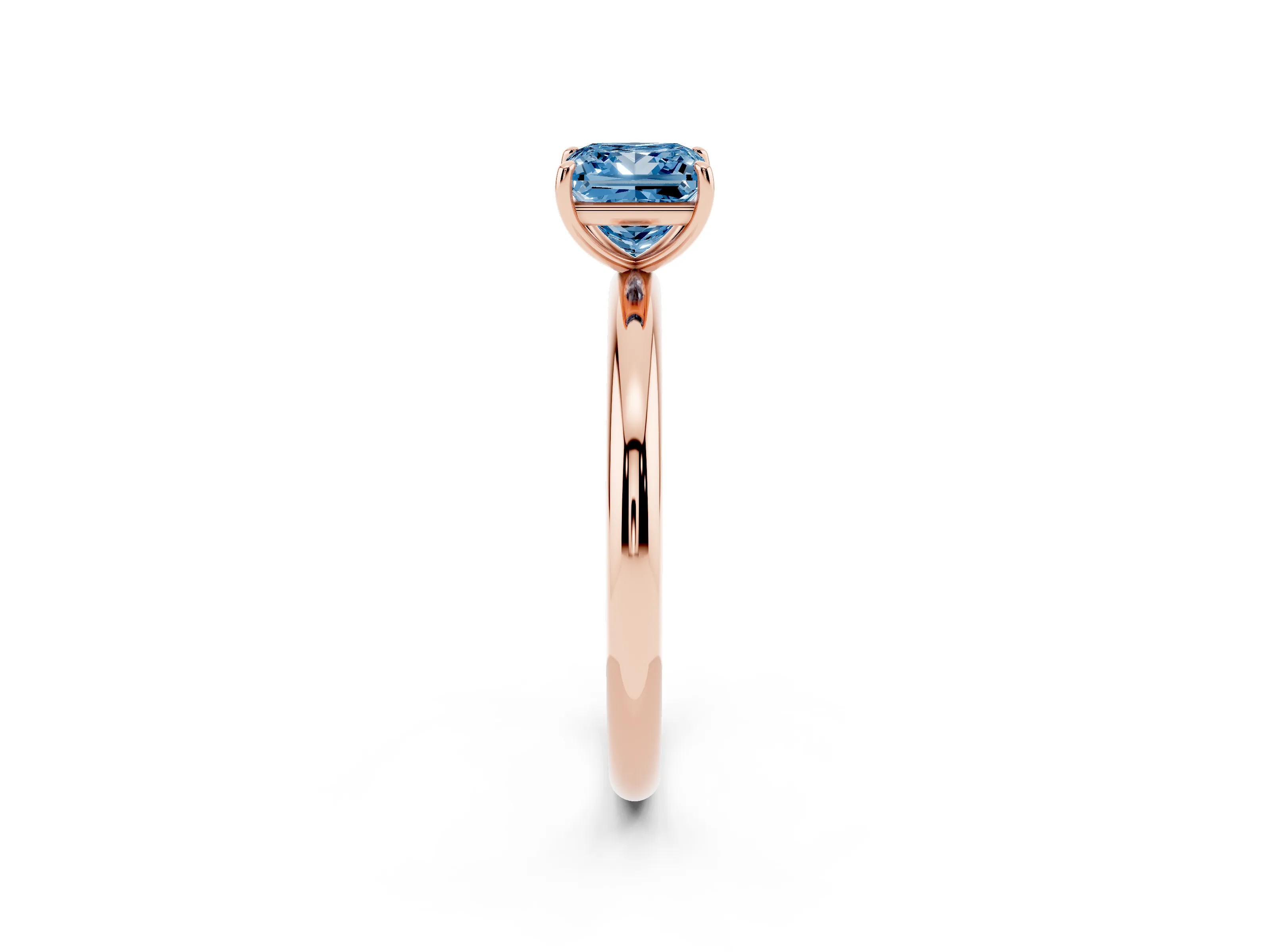 Fancy Blue Princess Cut Diamond Solitaire Ring Set in Rose gold with Prong Setting on a Polished Plain Band