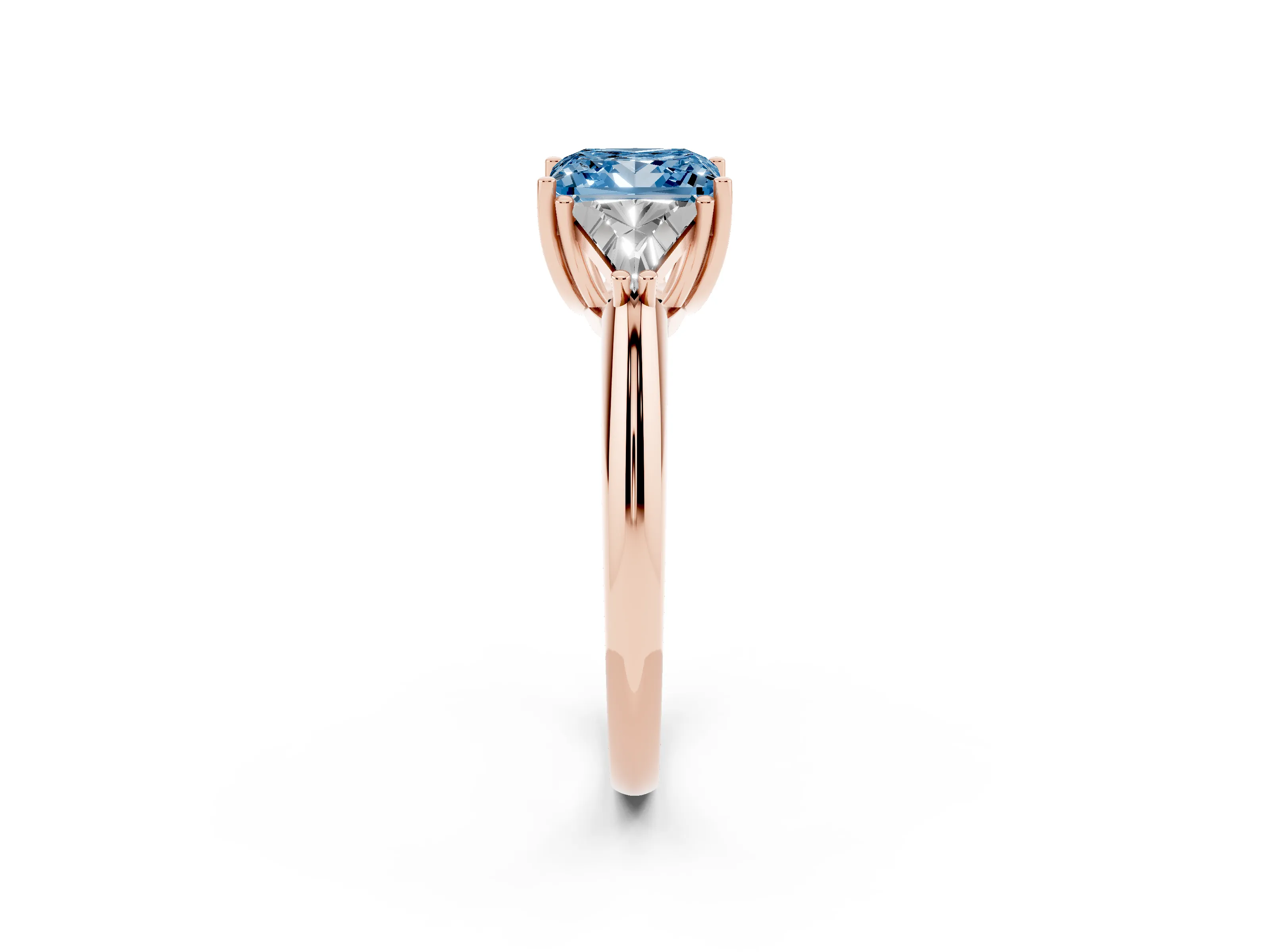 Fancy Blue Princess Cut Diamond Three-Stone Engagement Ring Set in Rose gold with Trillion Side Stones