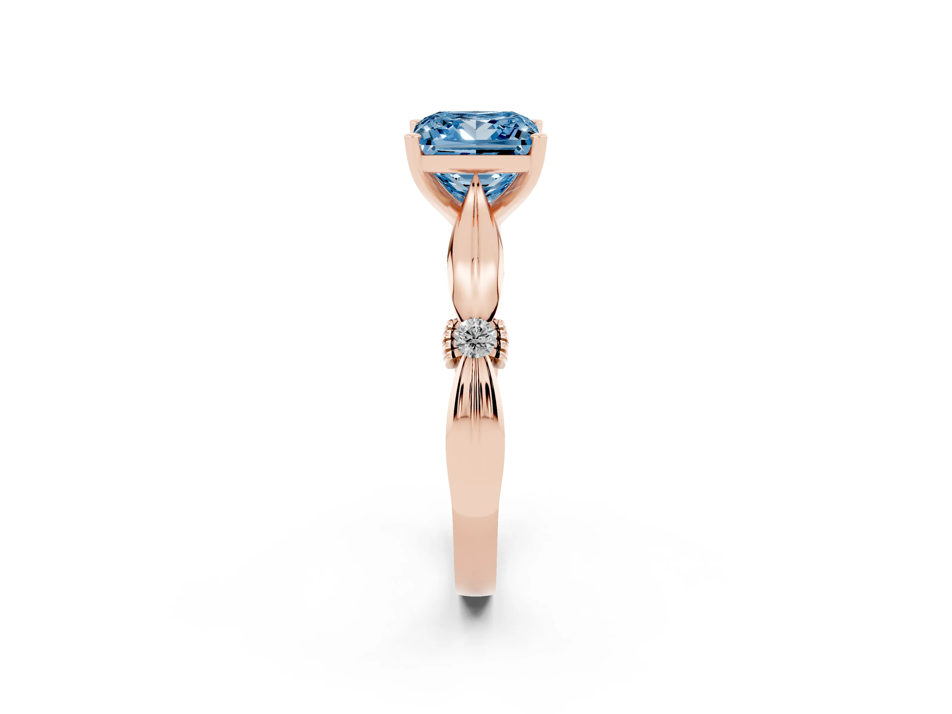 Fancy Blue Princess Cut Diamond Solitaire Twisted Band Ring Set in Rose gold with Accent Stones and Prong Setting
