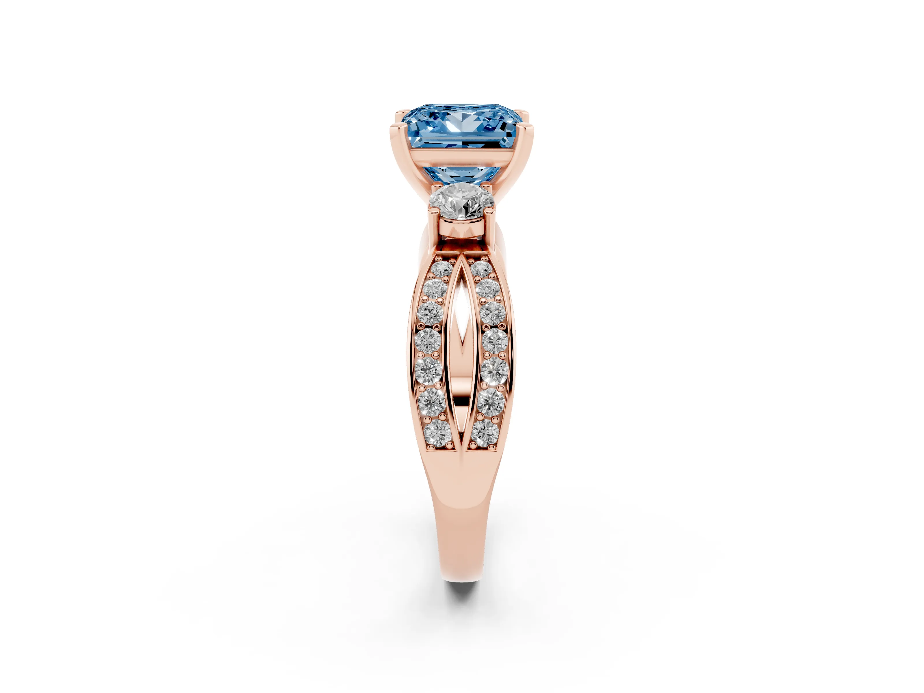 Fancy Blue Three-Stone Princess Cut Diamond Twist Band Ring Set in Rose gold with Pavé Accents and Prong Setting