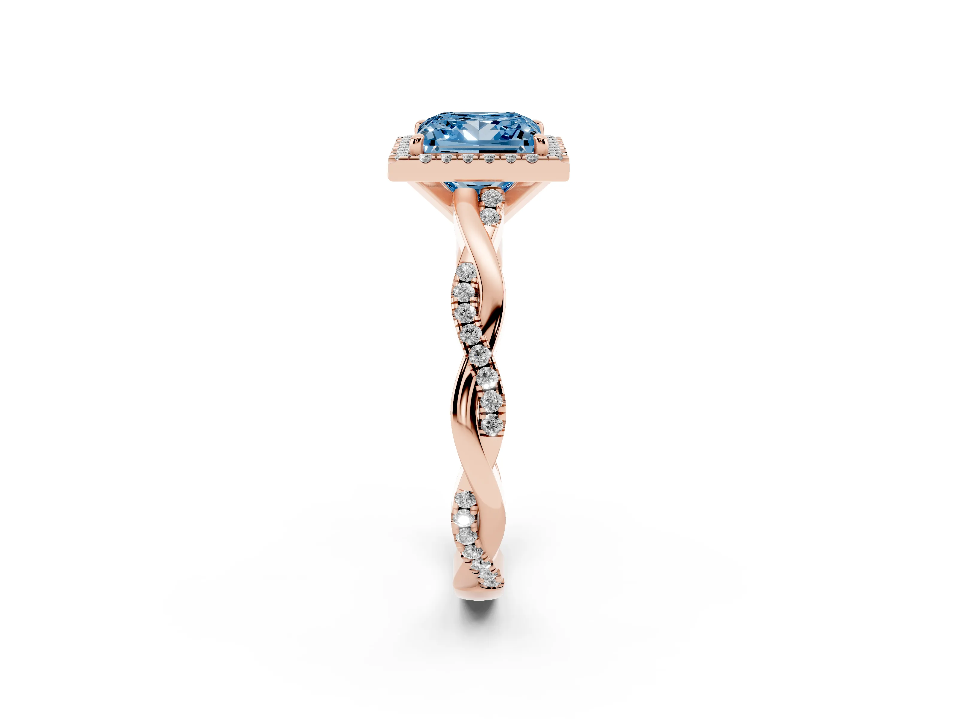 Fancy Blue Princess Cut Diamond Halo Twisted Band Ring Set in Rose gold with Prong Setting