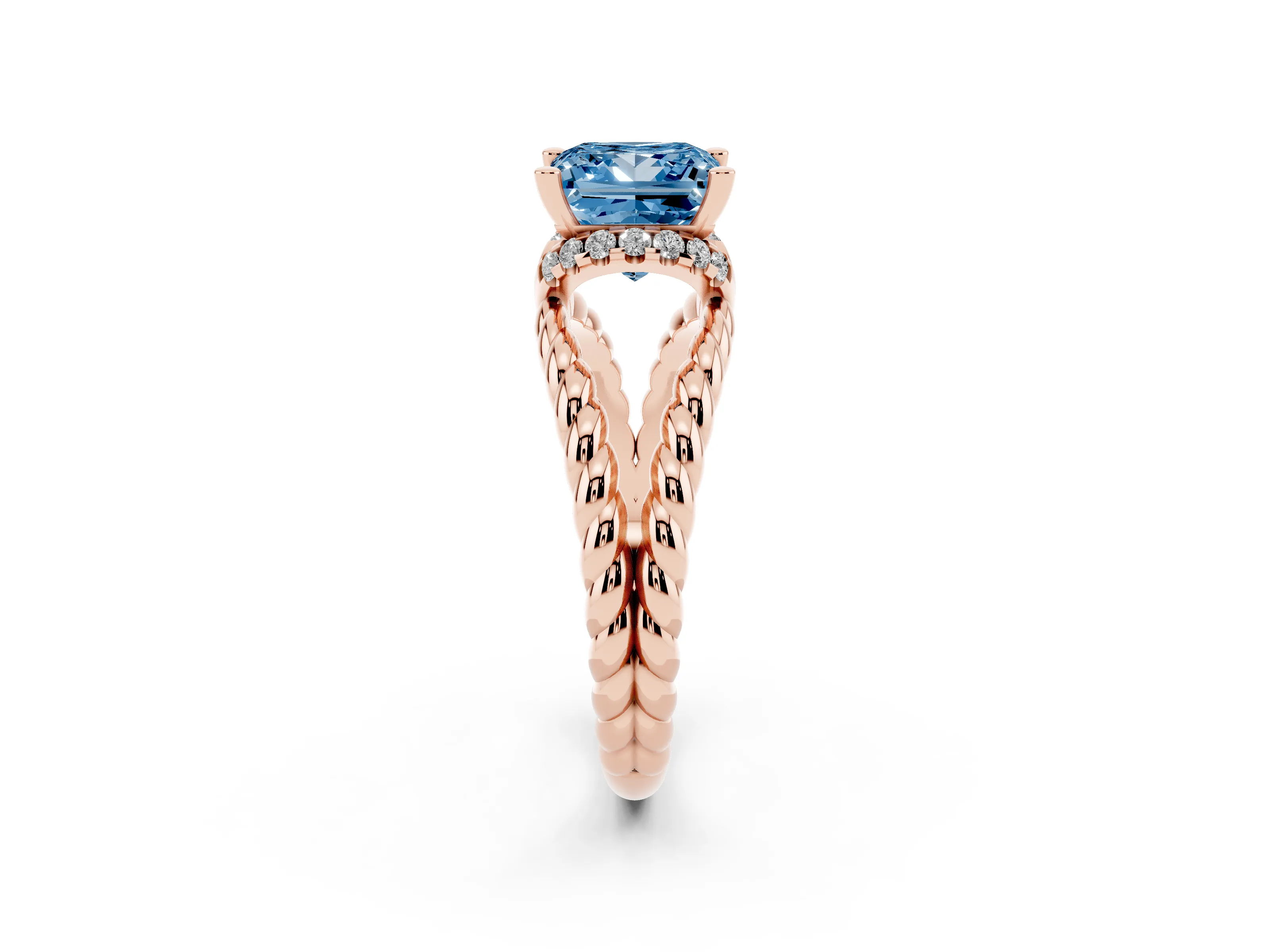 Fancy Blue Princess Cut Diamond Halo Ring Set in Rose gold with Twisted Band and Prong Setting
