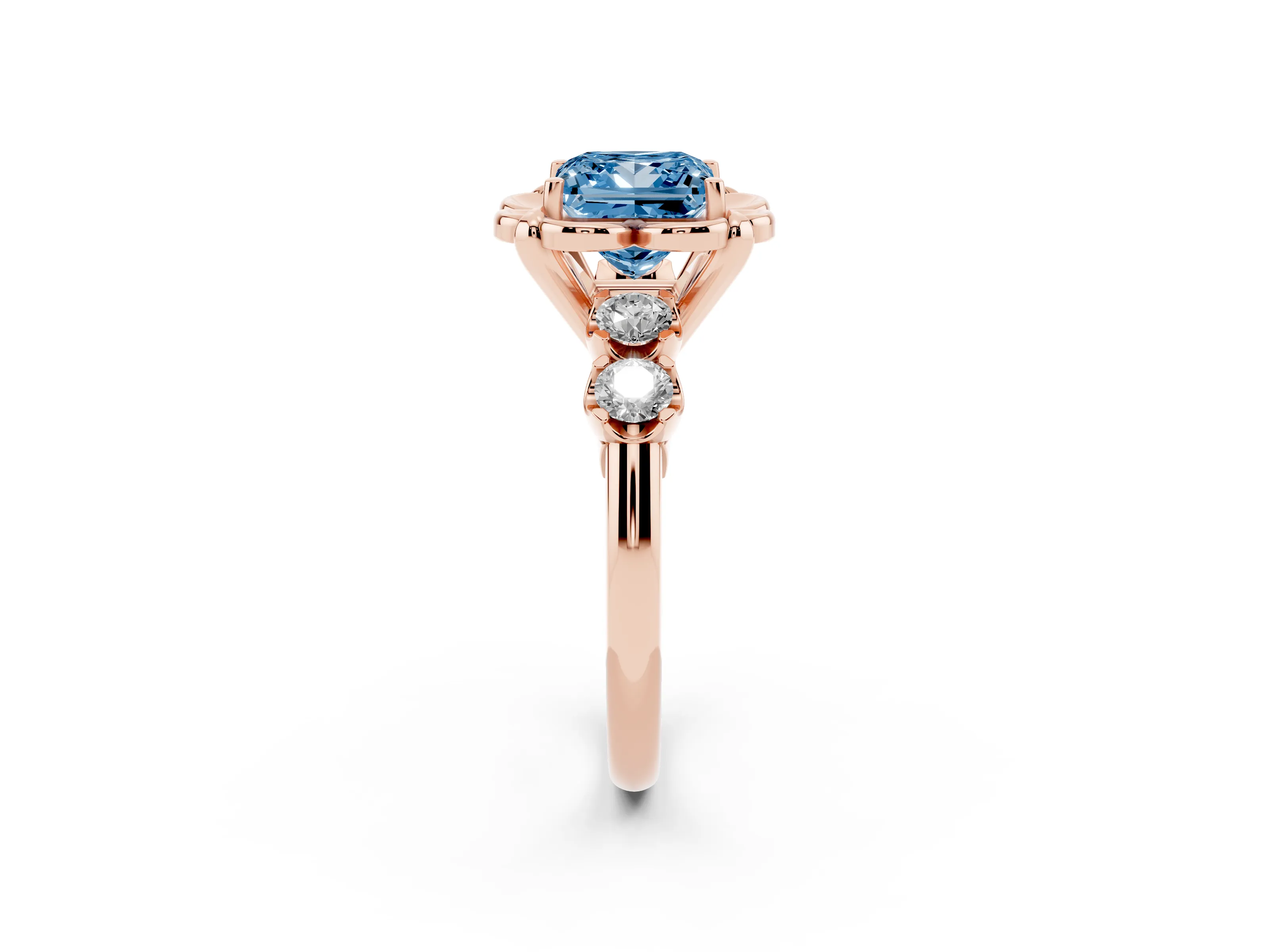 Fancy Blue Princess Cut Diamond Floral Halo Ring Set in Rose gold with Shared Prong Band