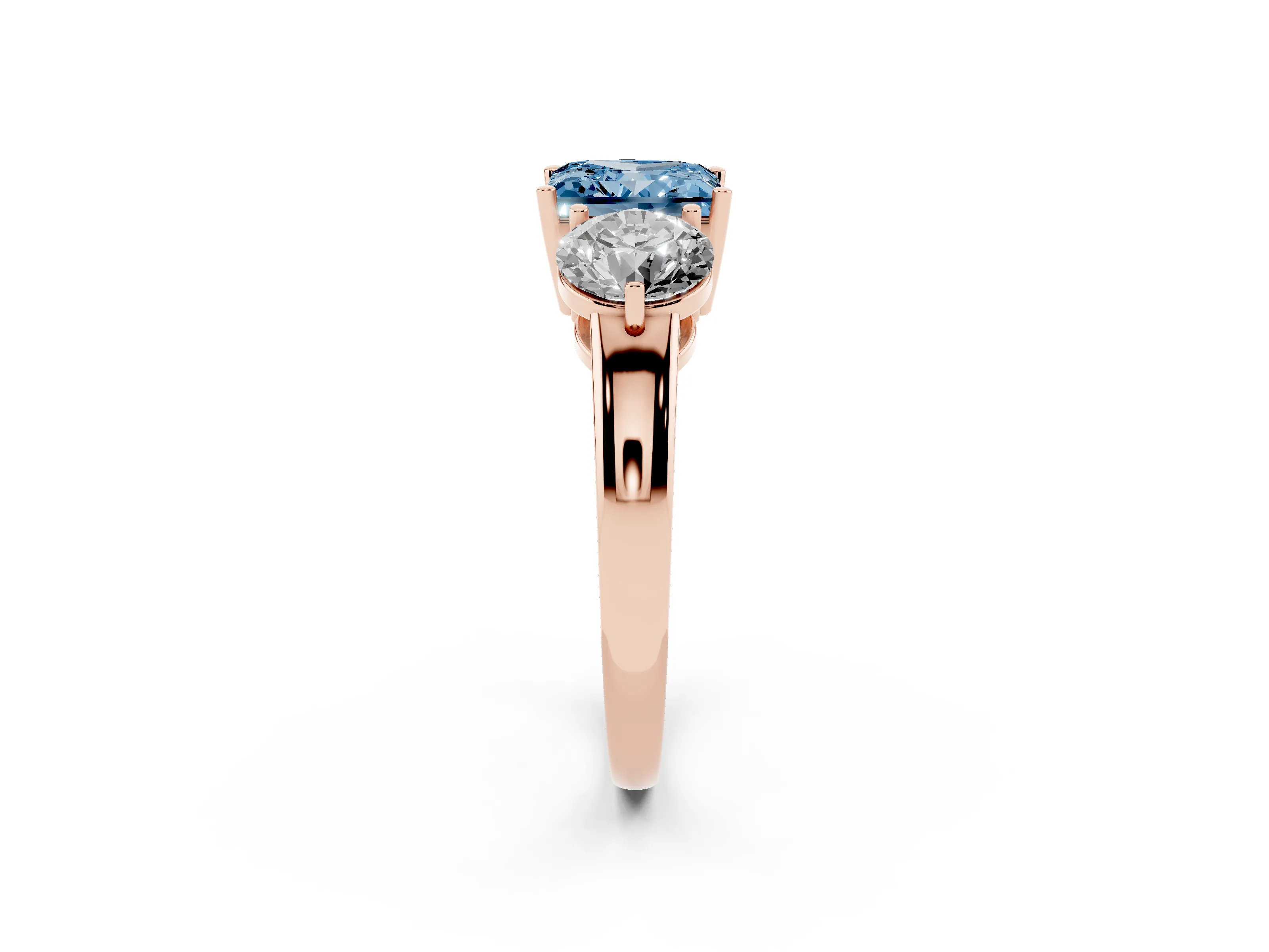 Fancy Blue Princess Cut Diamond Three-Stone Ring Set in Rose gold with Prong Setting and Plain Band