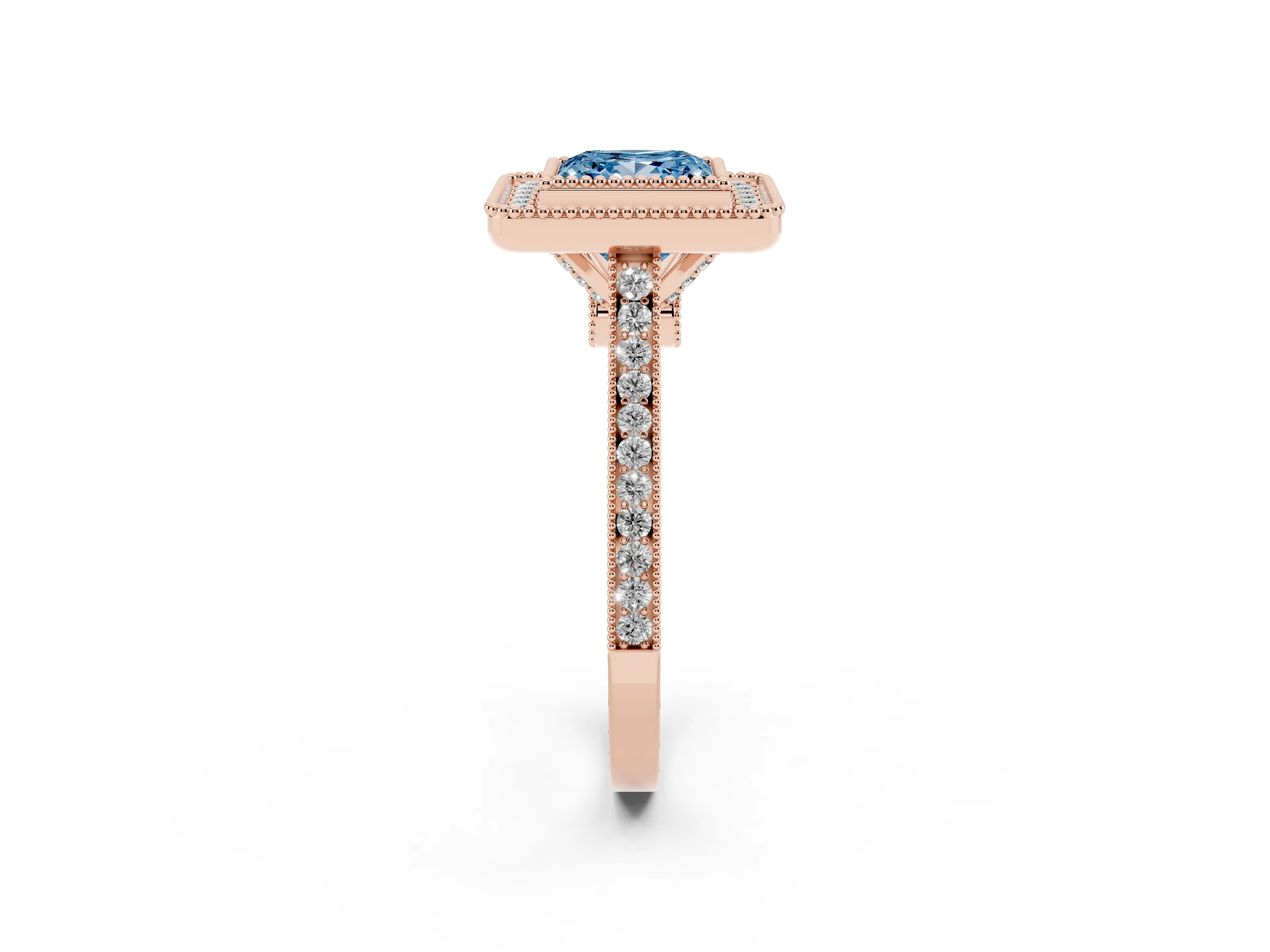 Fancy Blue Princess Cut Diamond Halo Ring Set in Rose gold with Milgrain Frame and Pavé Band