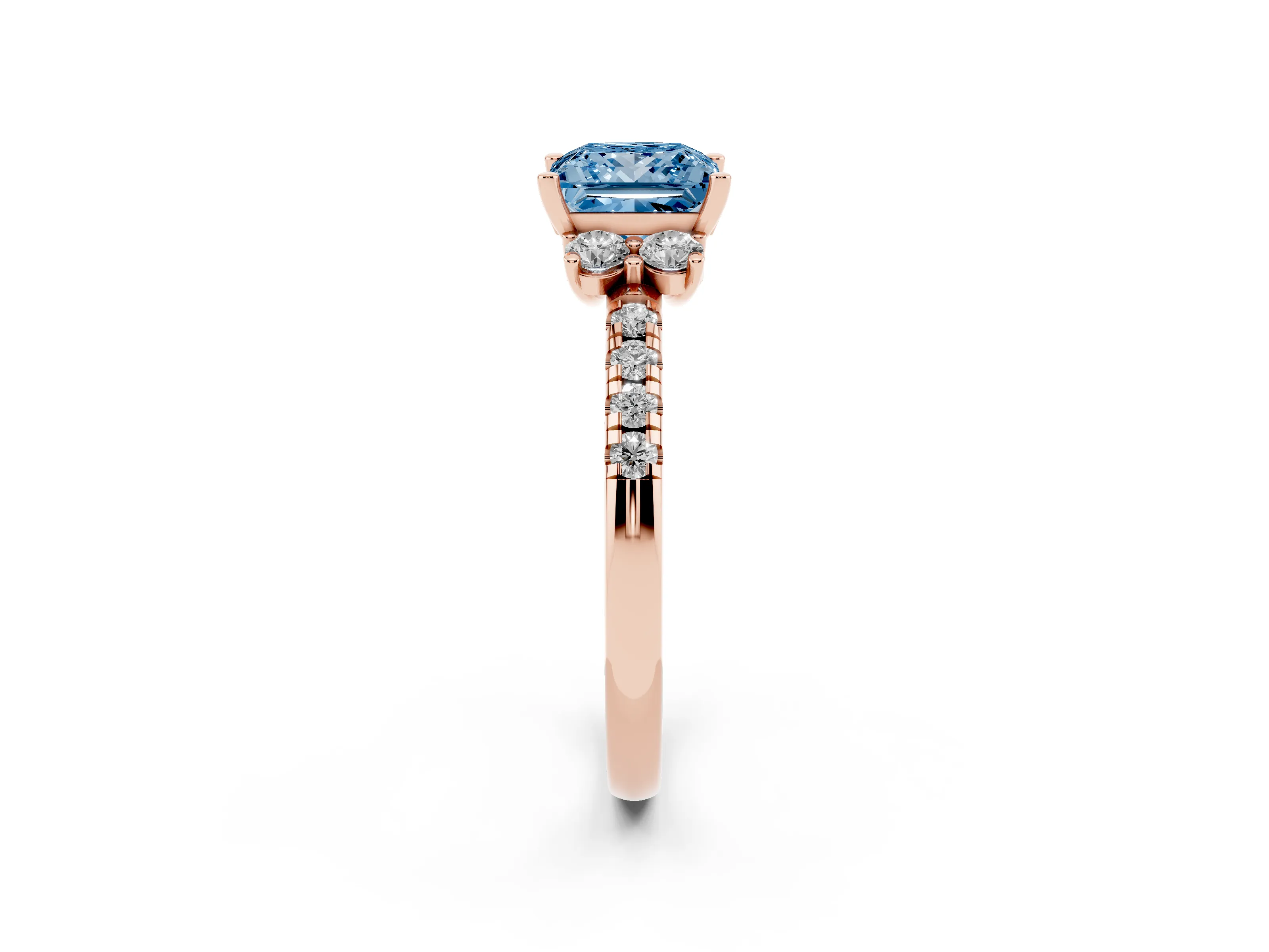 Fancy Blue Princess Cut Diamond Three-Stone Pavé Ring Set in Rose gold with Prong Setting