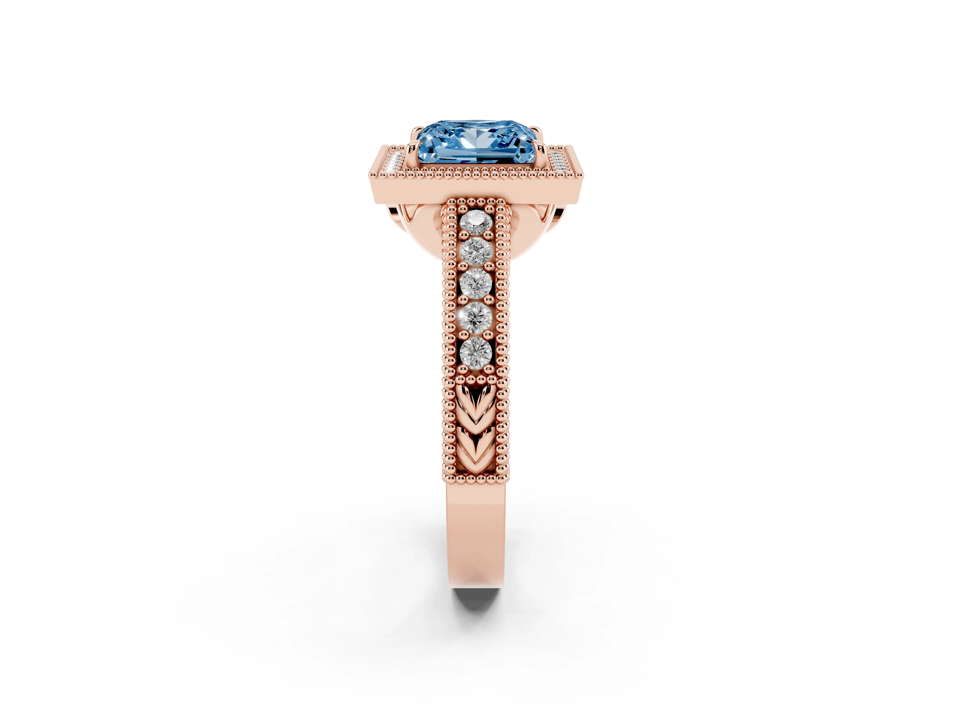 Fancy Blue Princess Cut Diamond Halo Ring Set in Rose gold with Round Accent Halo, Pavé Band and Prong Setting