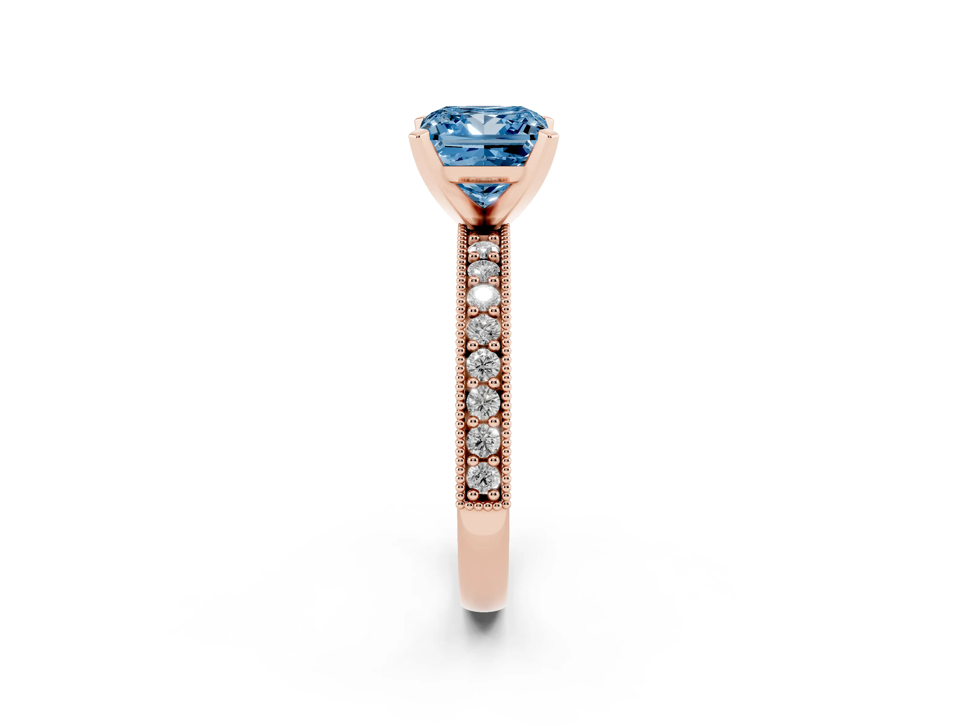 Fancy Blue Princess Cut Diamond Milgrain Pavé Engagement Ring Set in Rose gold with Prong Setting