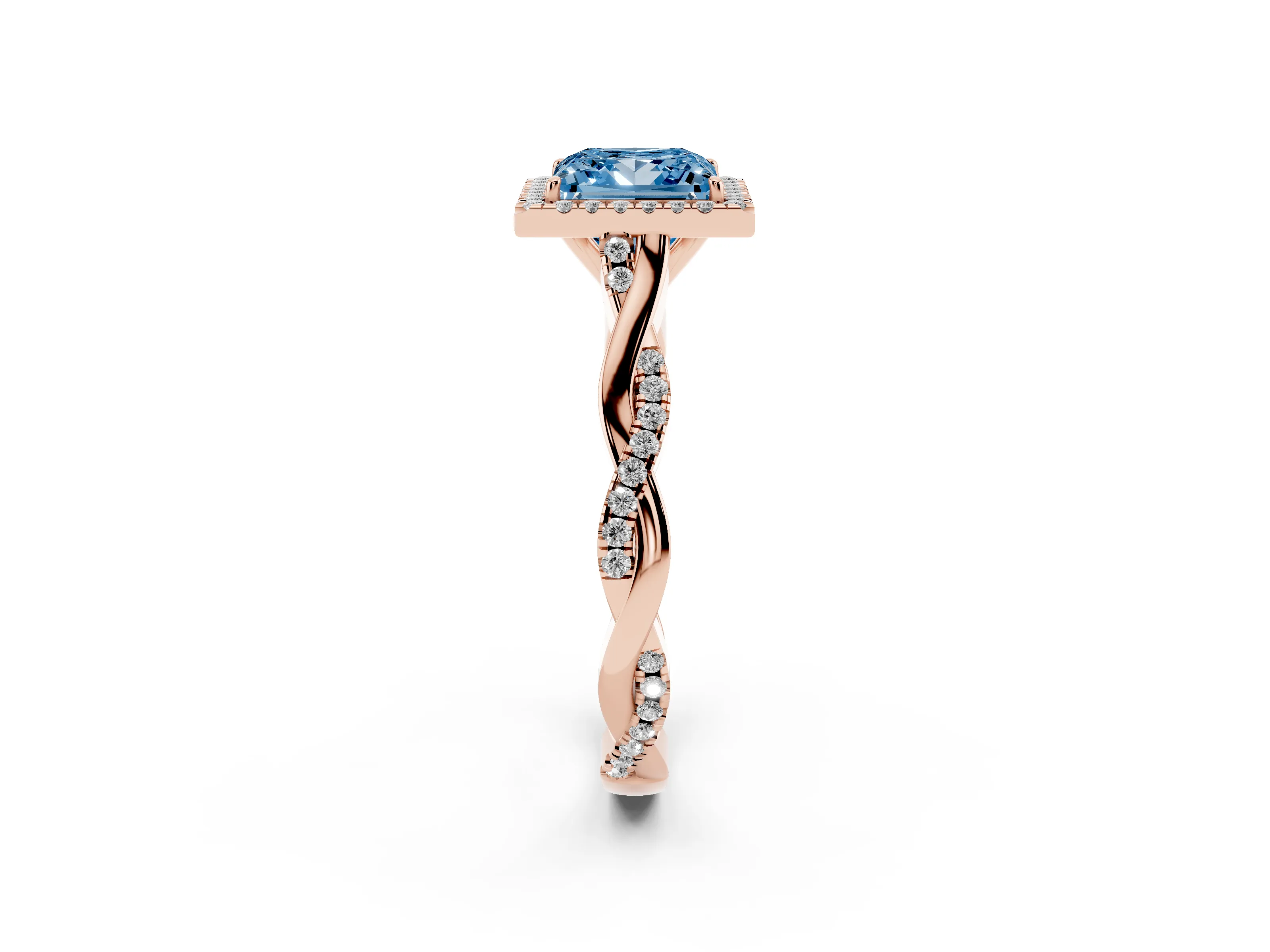 Fancy Blue Princess Cut Diamond Halo Twist Band Solitaire Ring Set in Rose gold with Prong Setting