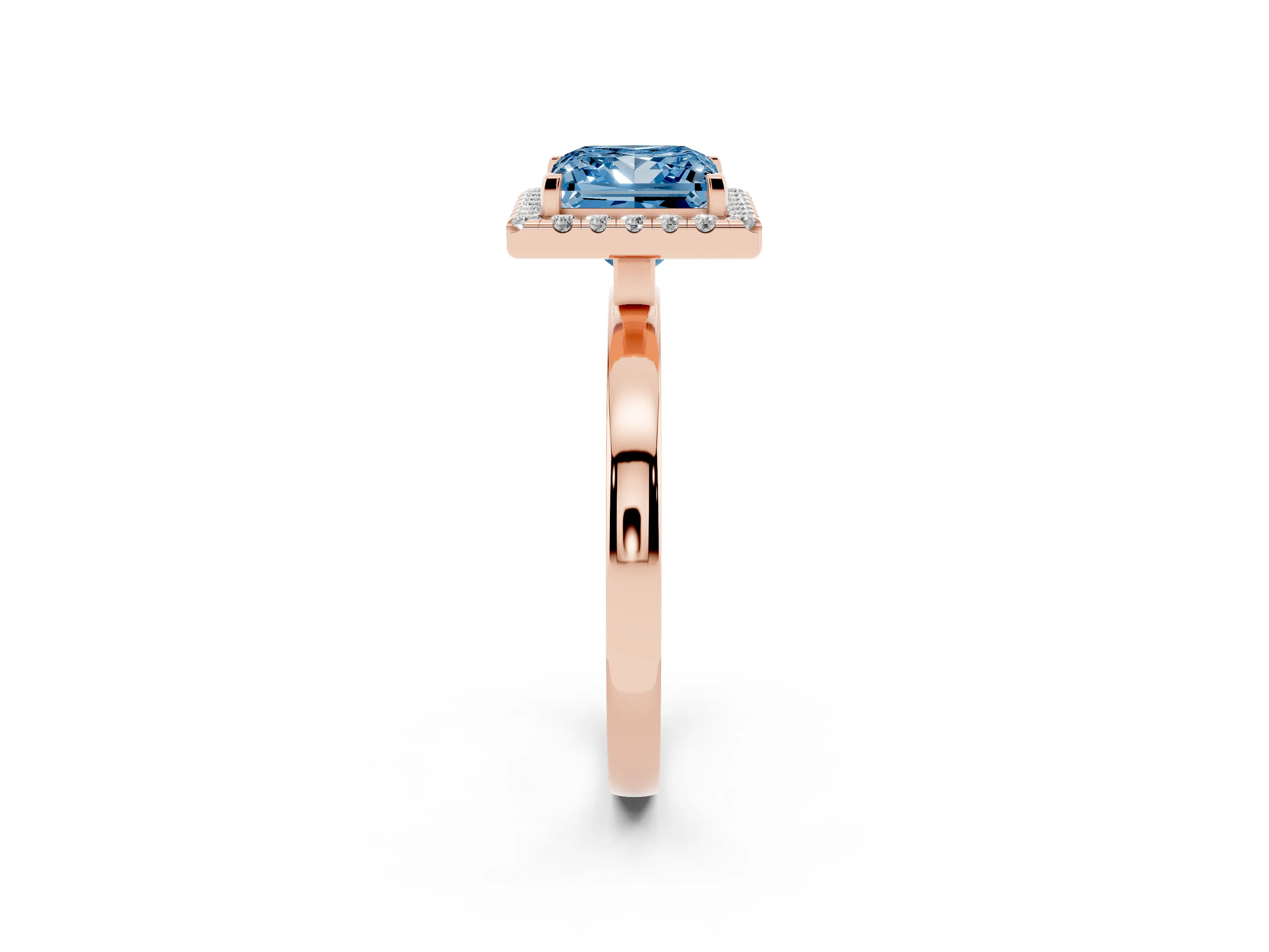 Fancy Blue Princess Cut Diamond Halo Solitaire Ring Set in Rose gold with Pavé Band and Prong Setting