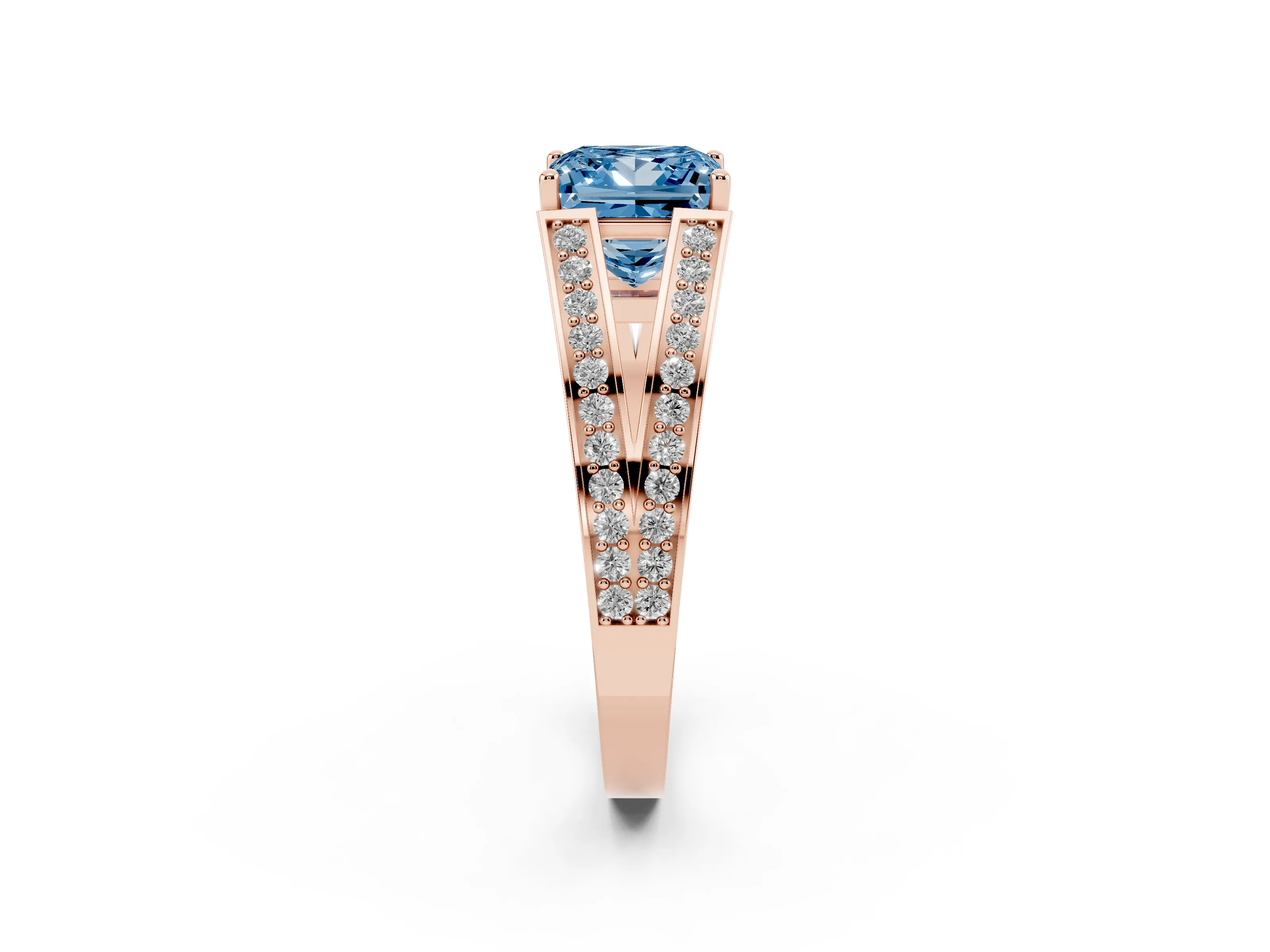 Fancy Blue Princess Cut Diamond Split Shank Ring Set in Rose gold with Pavé Band and Prong Setting