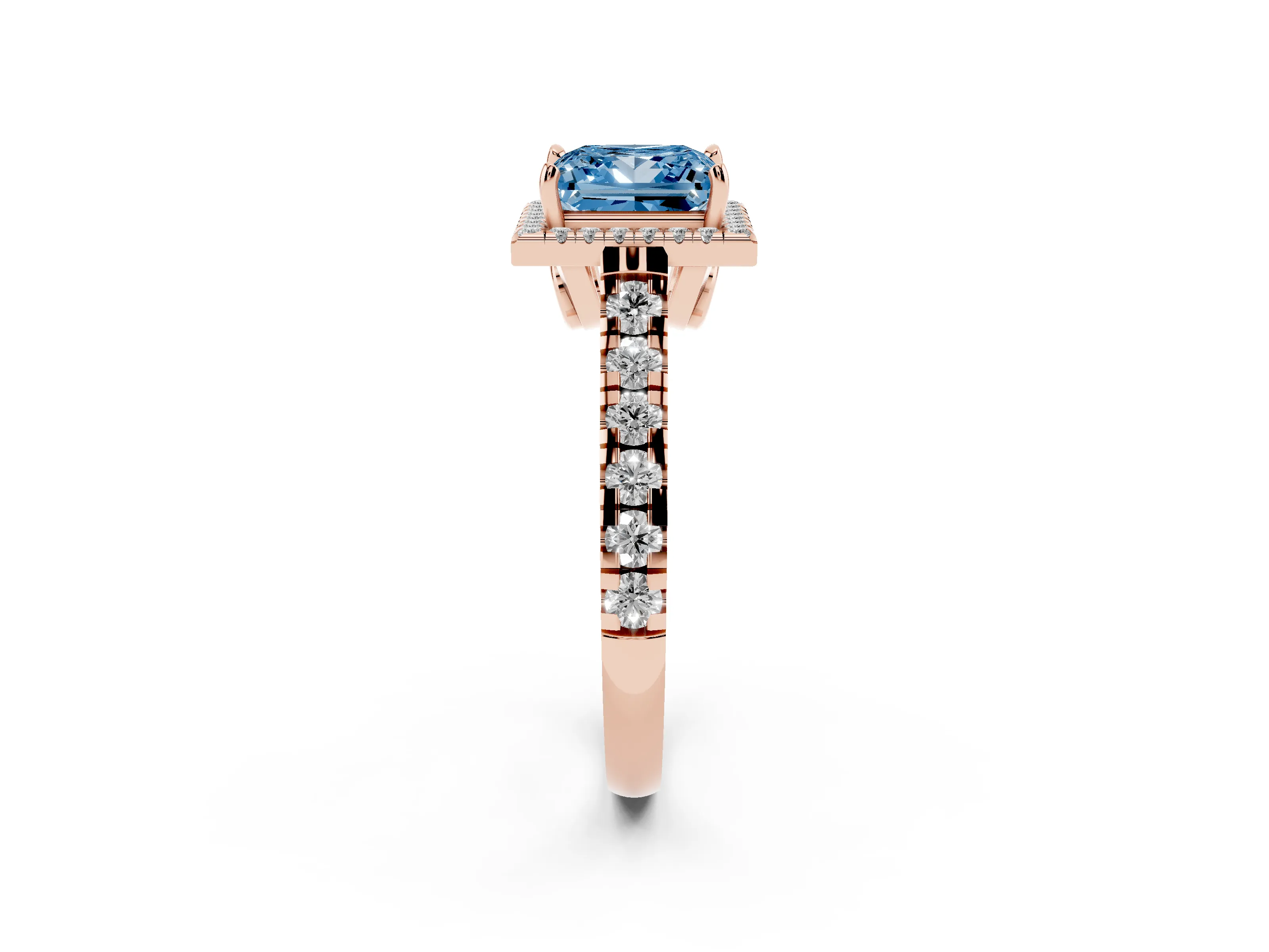 Fancy Blue Princess Cut Diamond Halo Engagement Ring Set in Rose gold with Pavé Band and Prong-Set Center