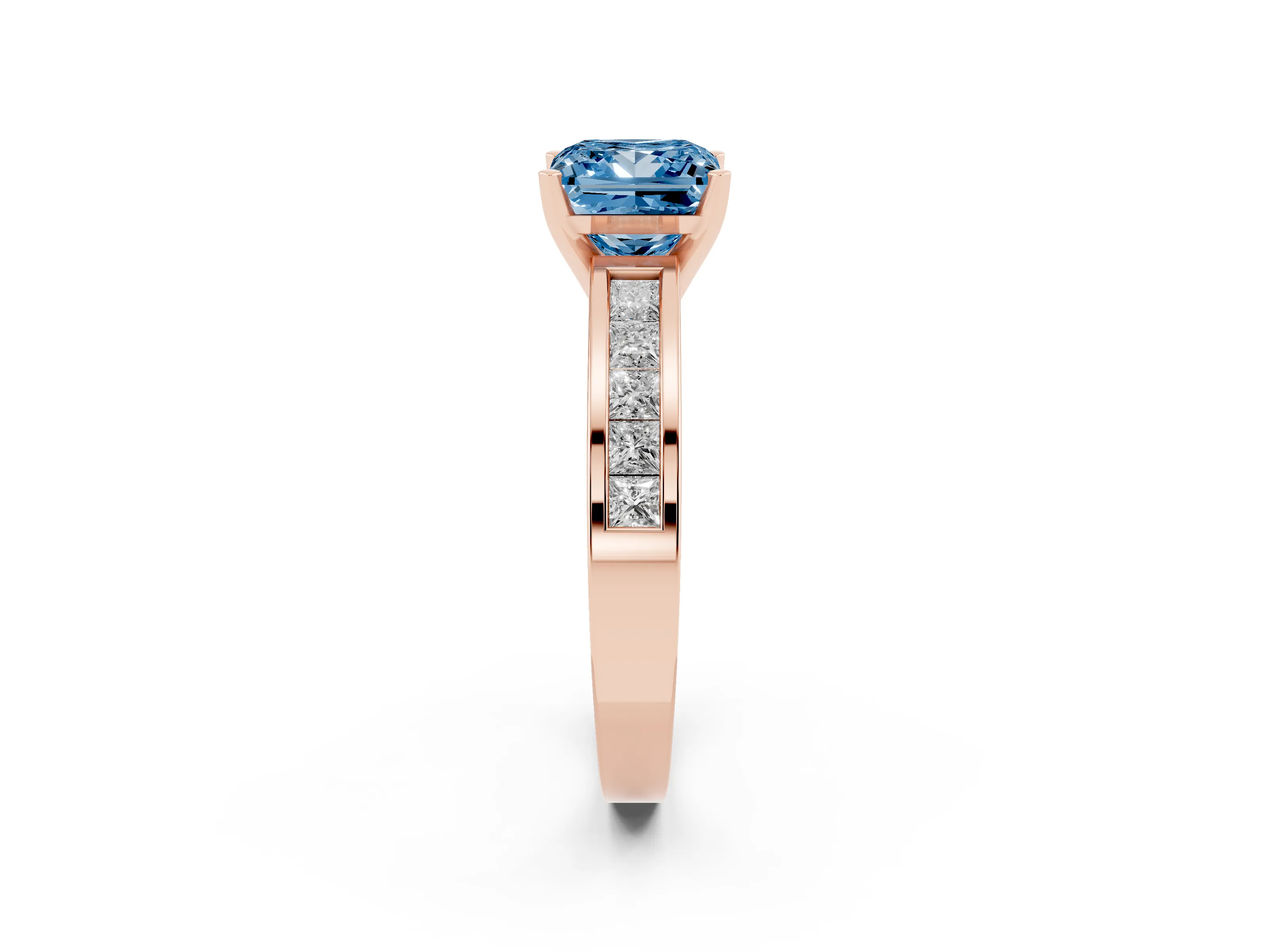 Fancy Blue Princess Cut Diamond Solitaire Ring Set in Rose gold with Channel-Set Band and Prong Setting