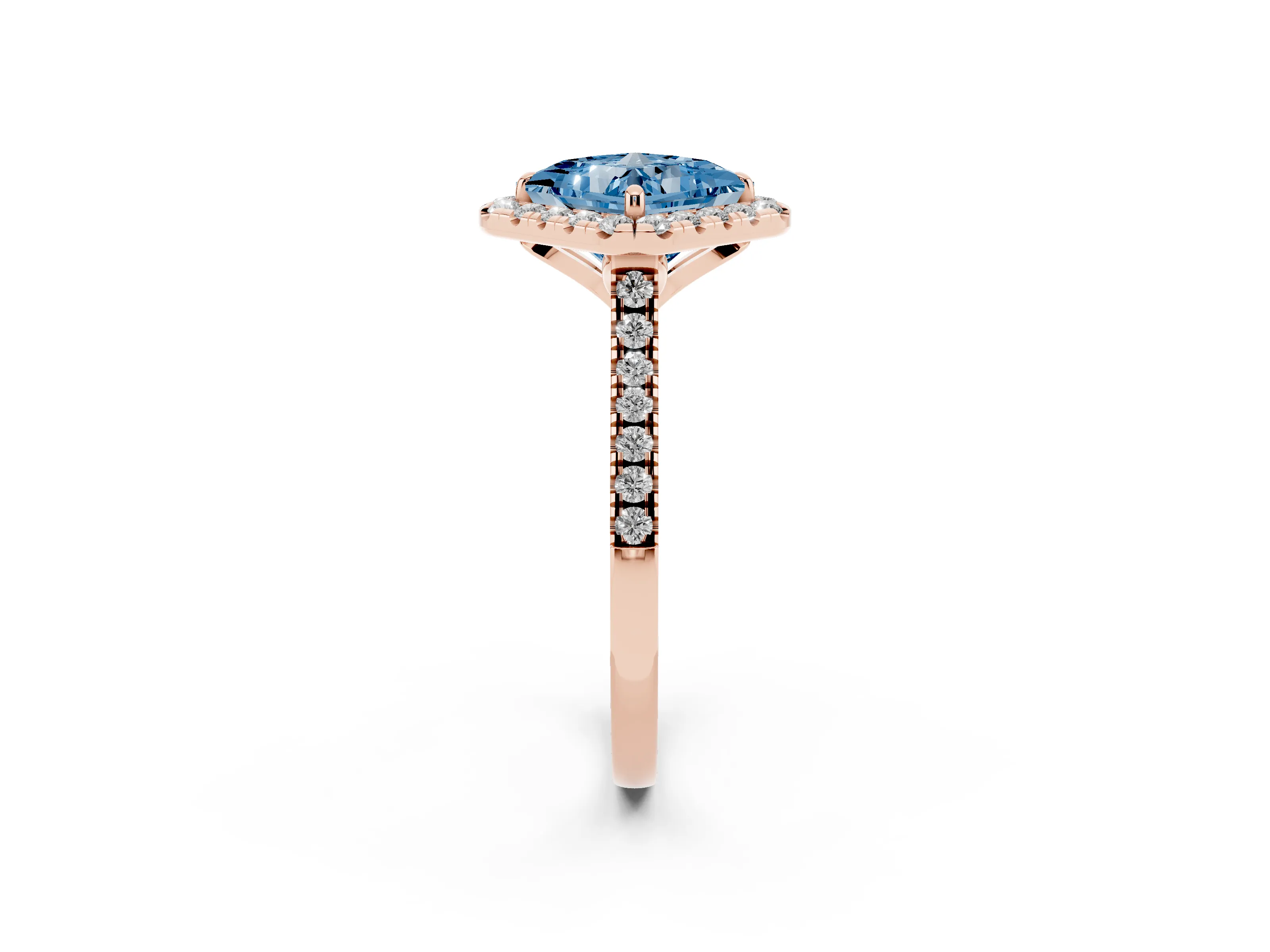 Fancy Blue Princess Cut Diamond Cushion Halo Ring Set in Rose gold with Pavé Band