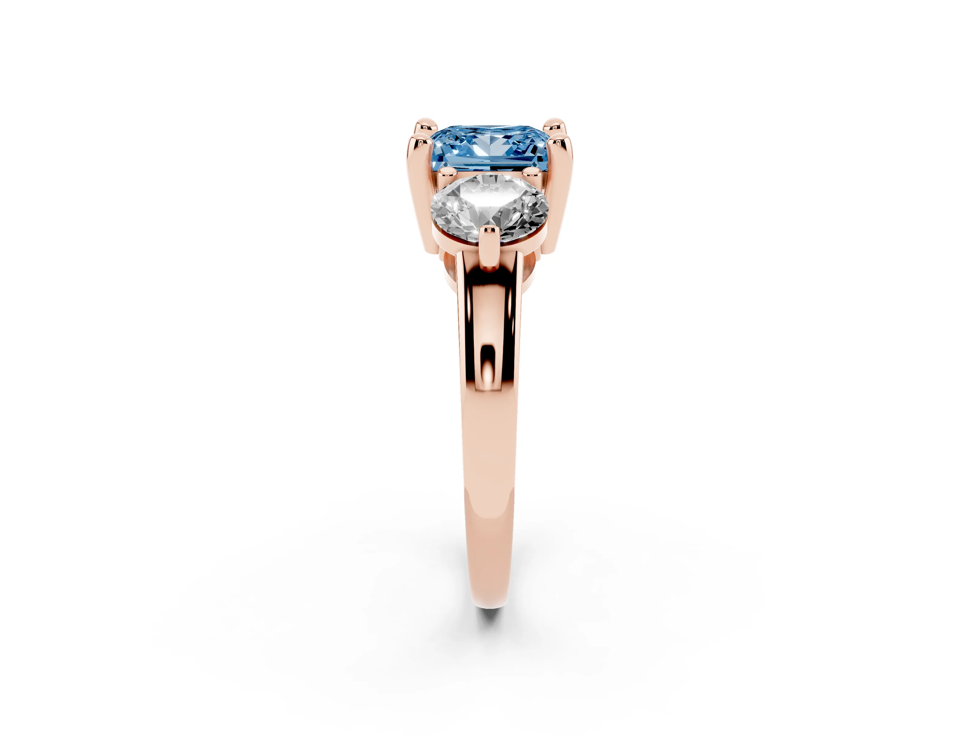 Fancy Blue Princess Cut Diamond Three-Stone Ring Set in Rose gold with Prong Setting and Classic Band