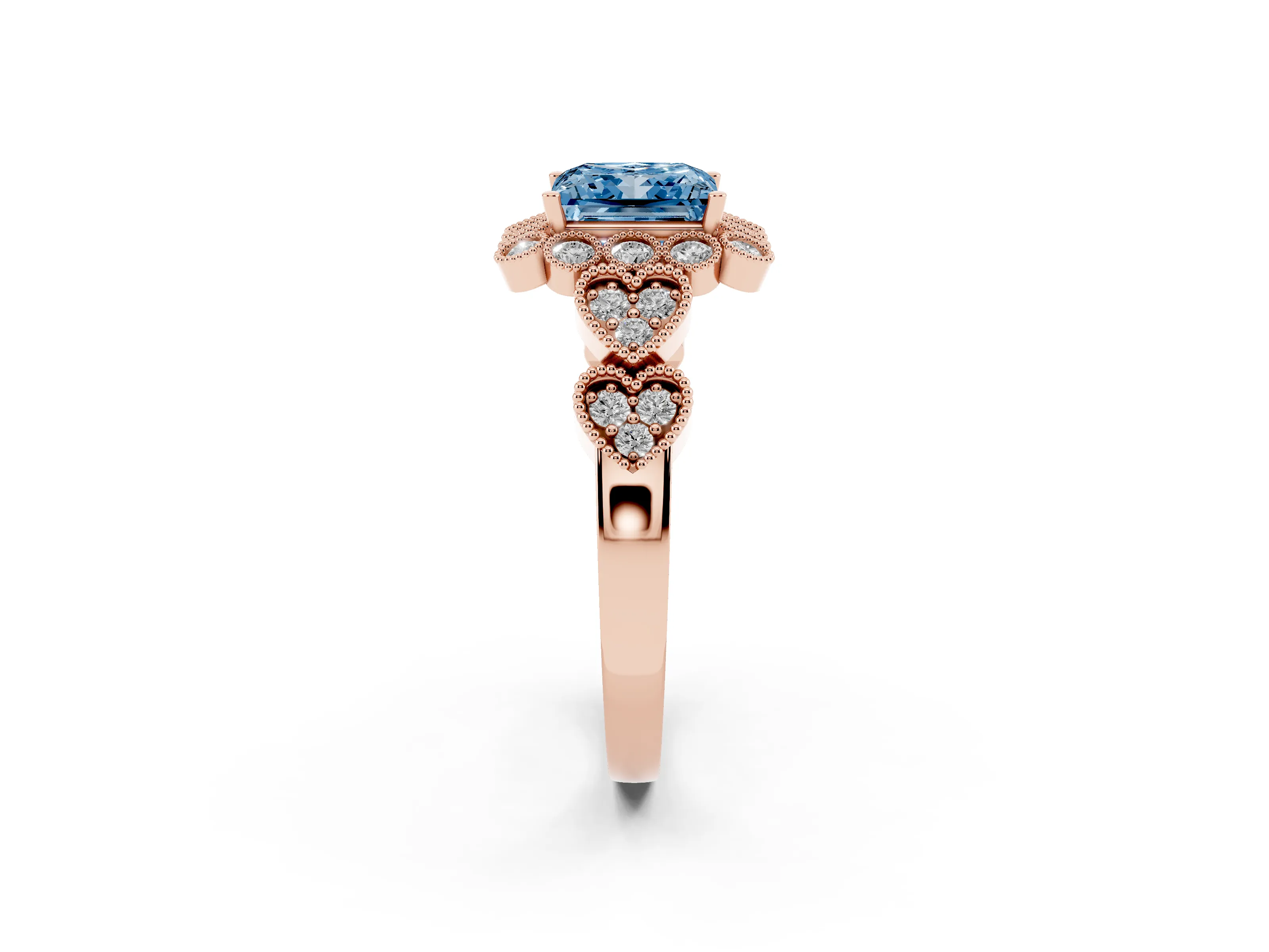 Fancy Blue Princess Cut Diamond Solitaire Ring Set in Rose gold with Milgrain Pavé Heart Band
