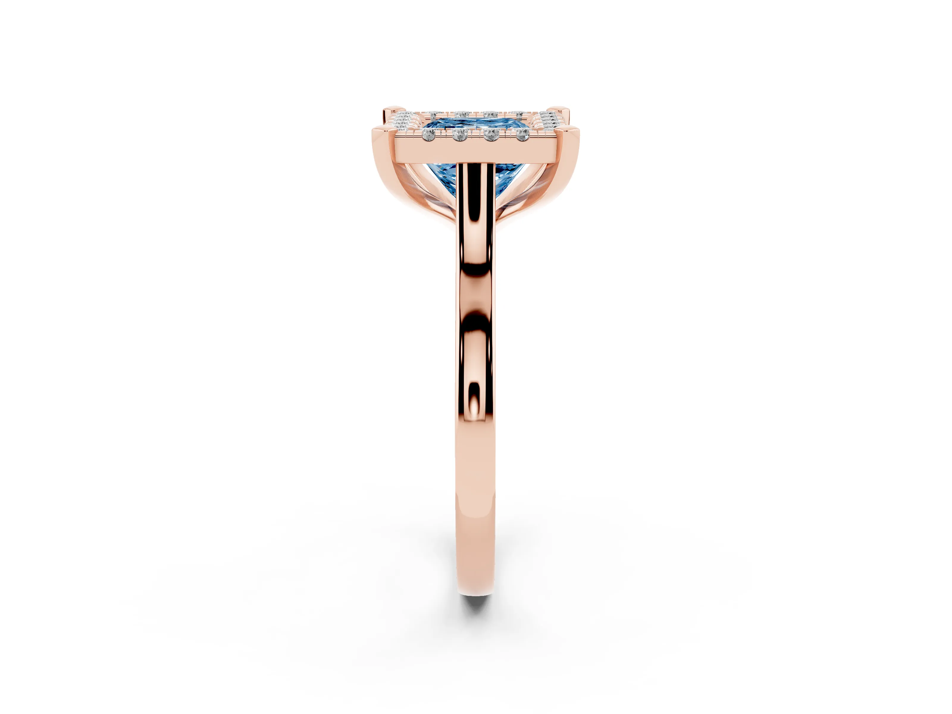 Fancy Blue Princess Cut Diamond Cluster Halo Solitaire Ring Set in Rose gold with Prong Setting