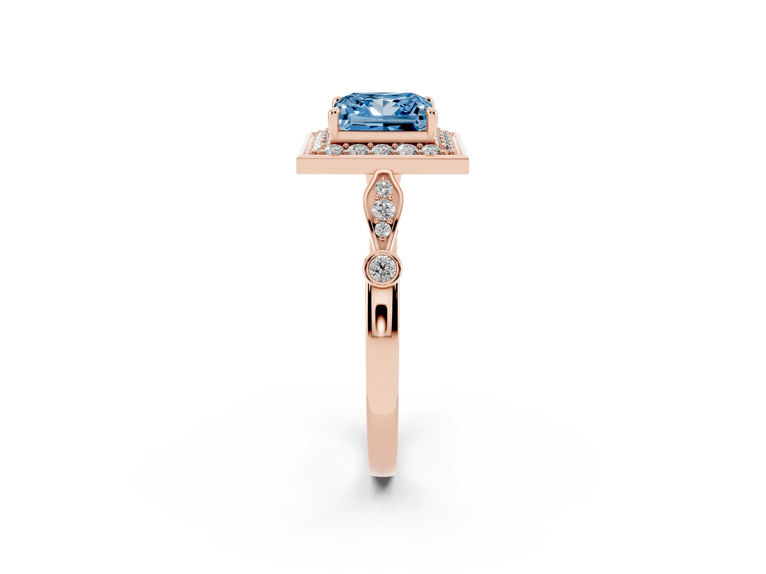 Fancy Blue Princess Cut Diamond Halo Engagement Ring Set in Rose gold with Twisted Band and Prong Setting