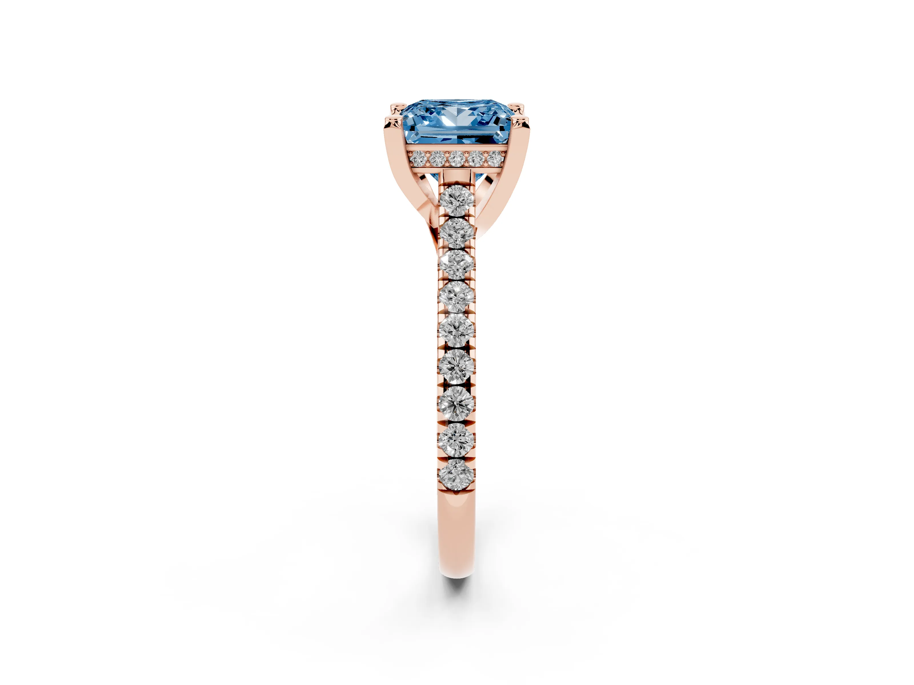 Fancy Blue Princess Cut Diamond Solitaire Ring Set in Rose gold with Brilliant Pavé Band and Prong Setting