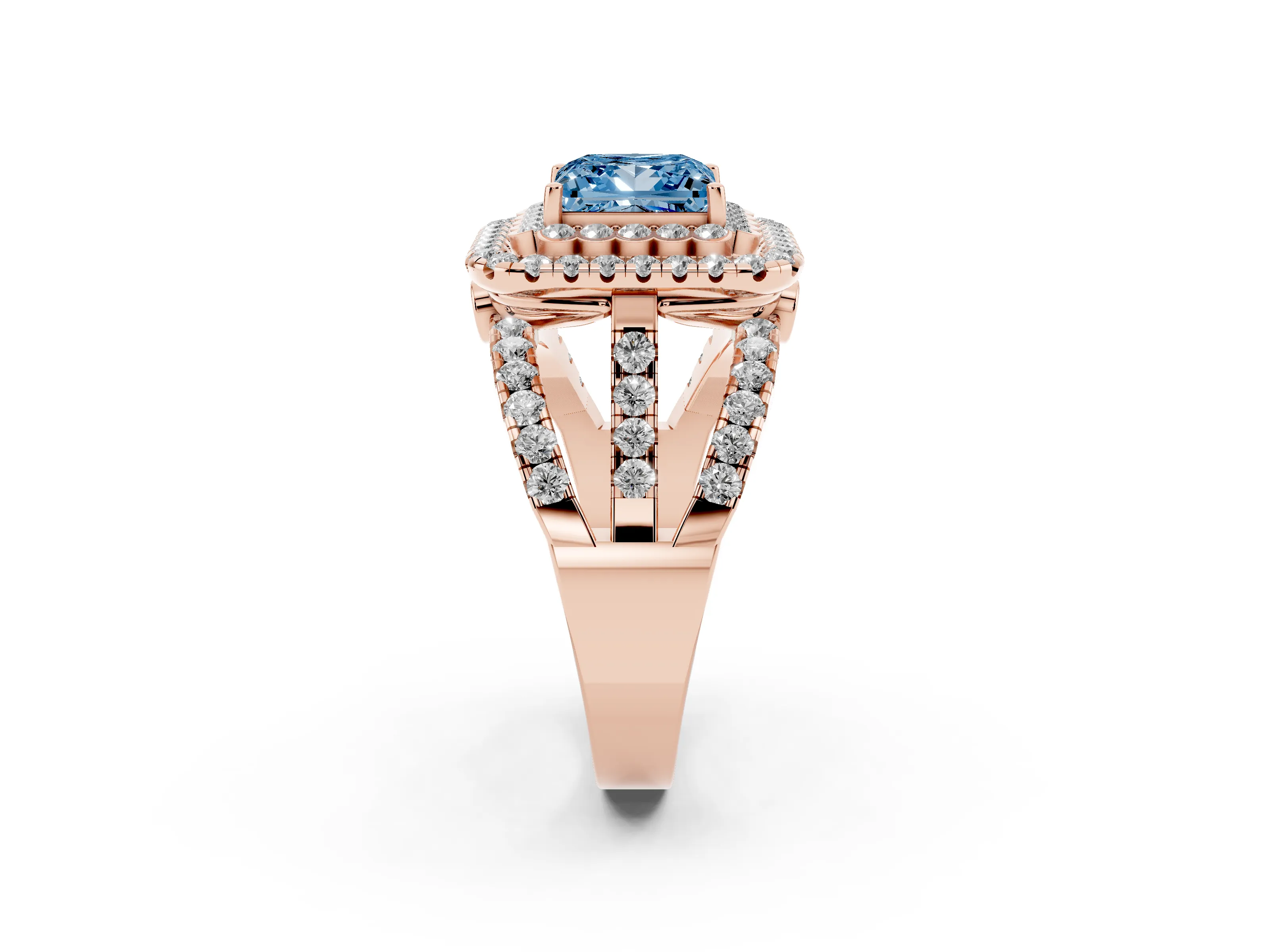 Fancy Blue Princess Cut Diamond Double Halo Ring Set in Rose gold with Round Pavé Split Shank