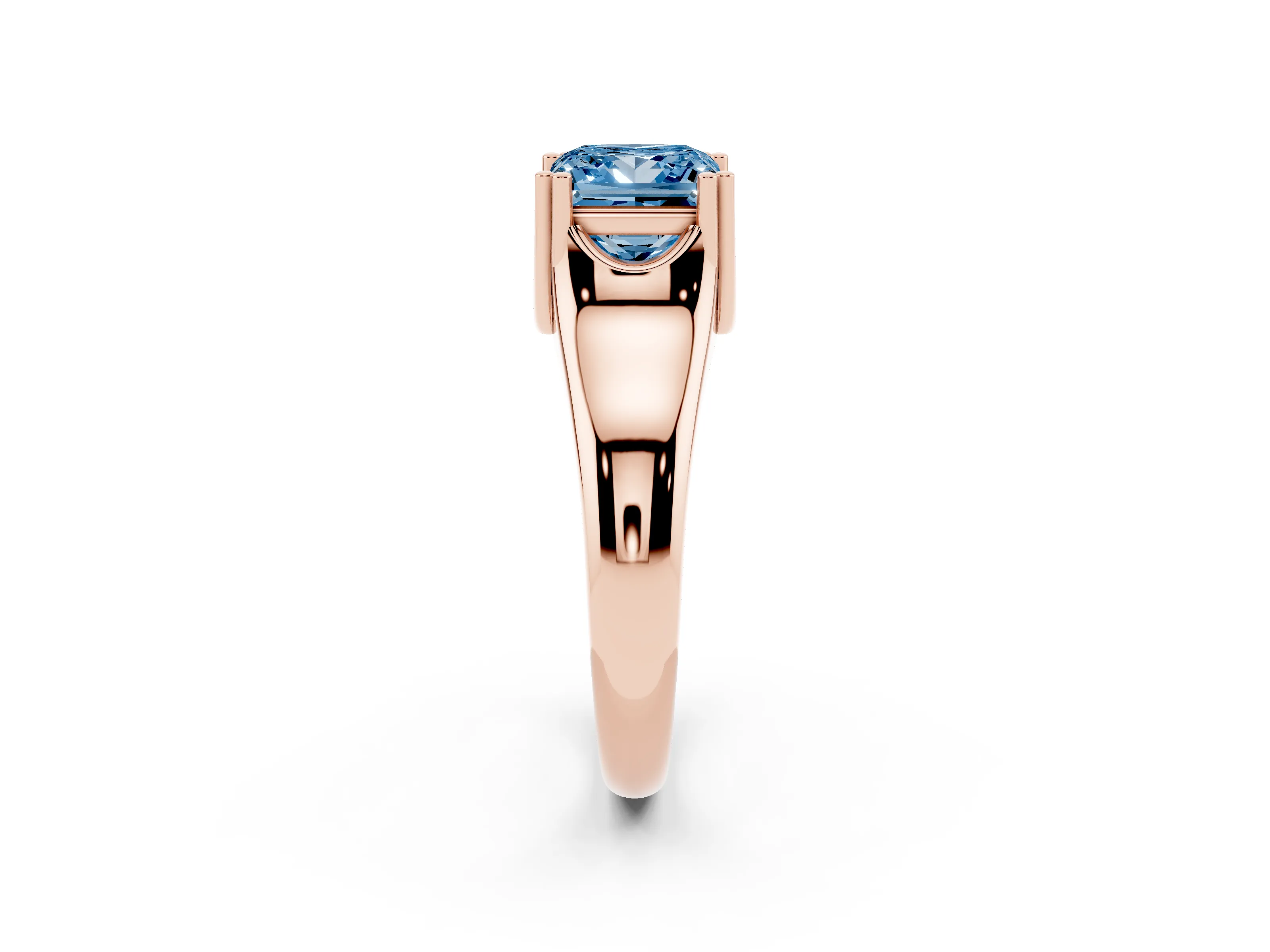 Fancy Blue Princess Cut Diamond Solitaire Ring Set in Rose gold with Wide Band and Prong Setting