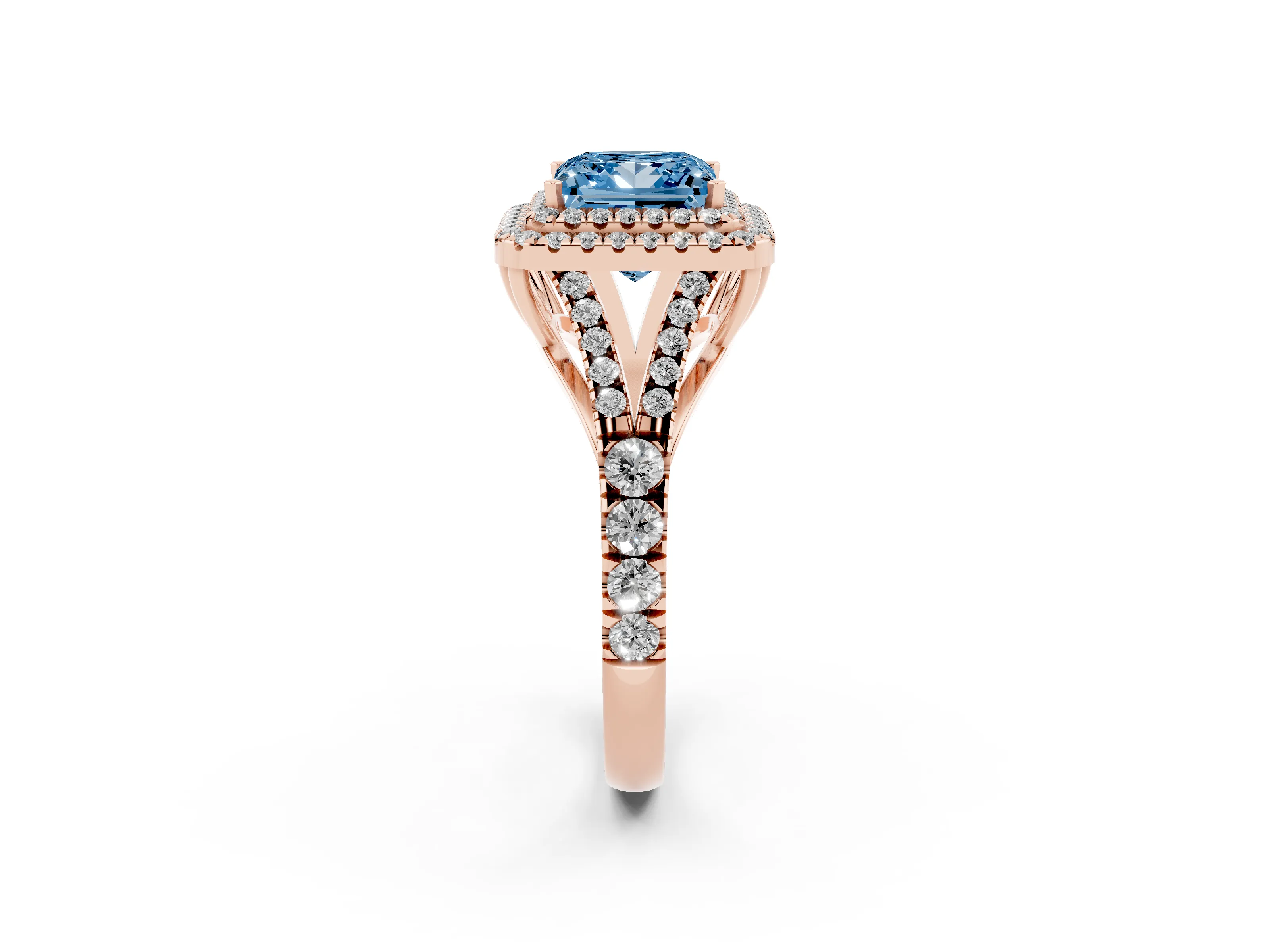 Fancy Blue Princess Cut Diamond Pavé Split Shank Double Halo Engagement Ring Set in Rose gold