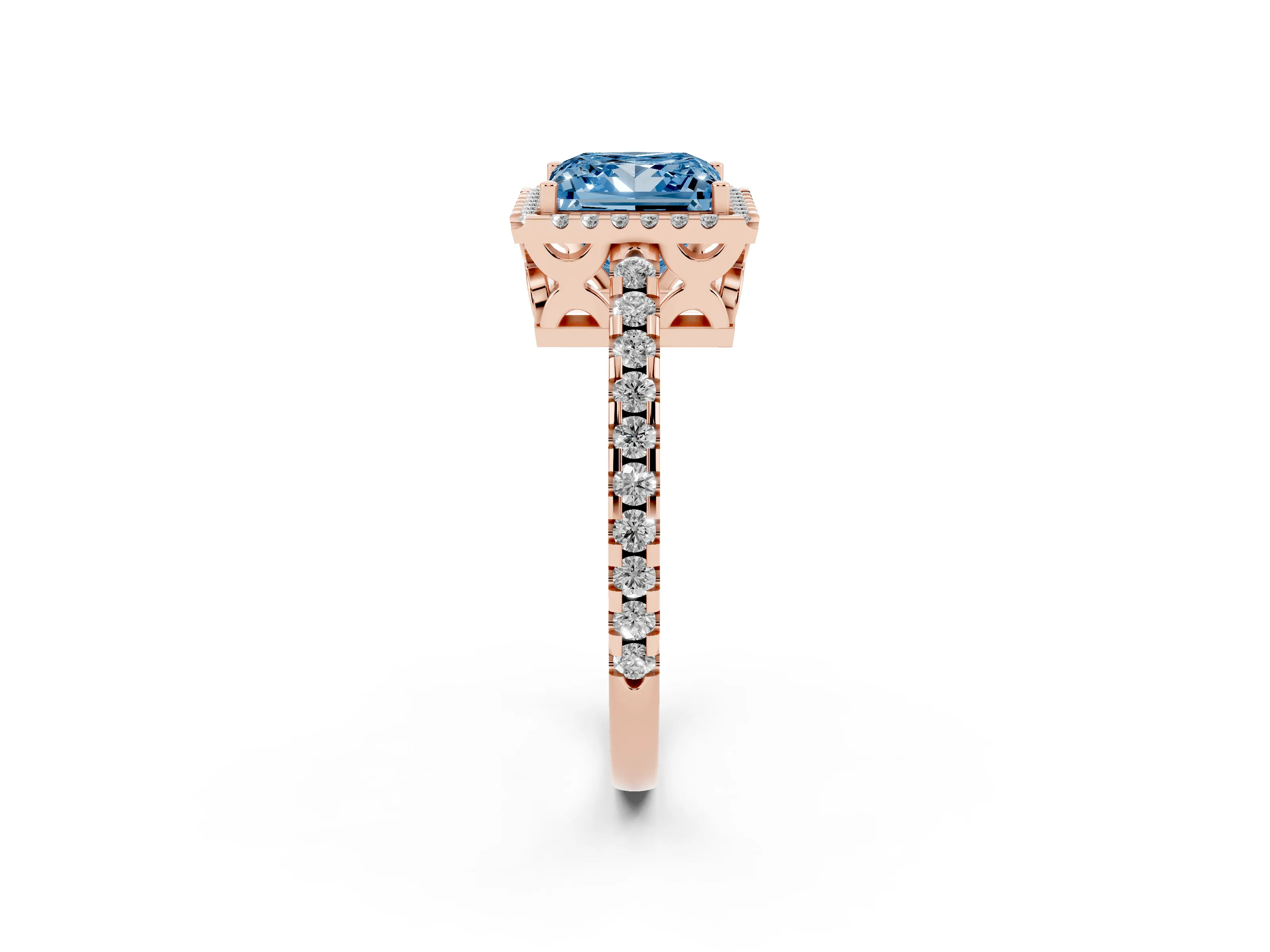 Fancy Blue Princess Cut Diamond Halo Ring Set in Rose gold with Pavé Shoulders and Halo-Framed Center