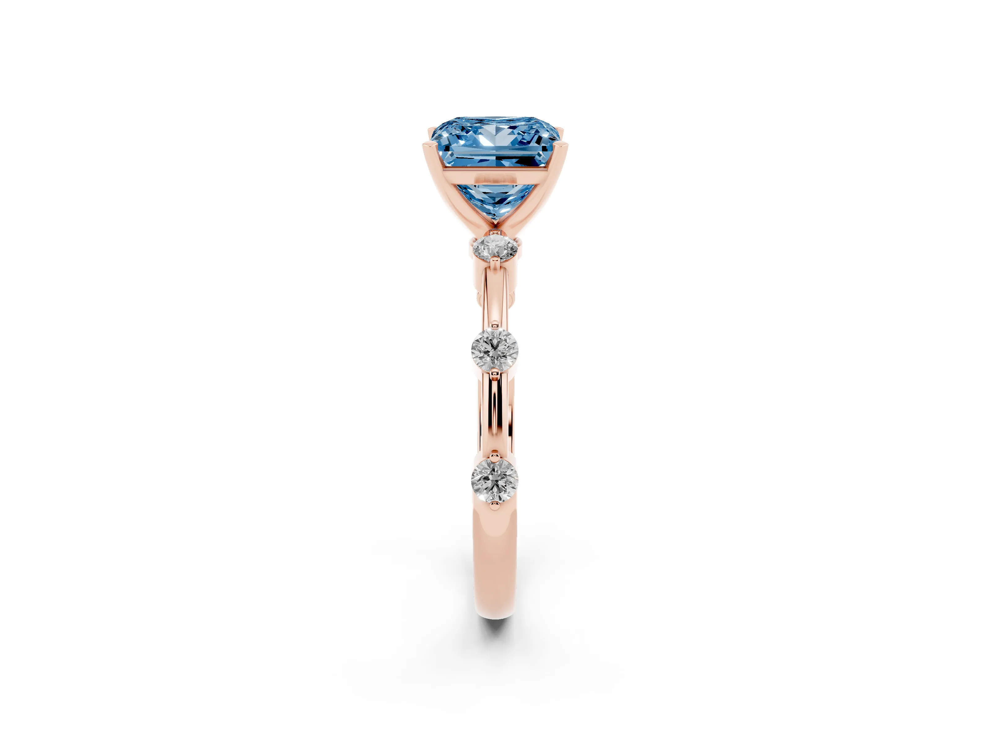 Fancy Blue Princess Cut Diamond Solitaire Ring Set in Rose gold with Bezel Set Side Stones and Prong Setting