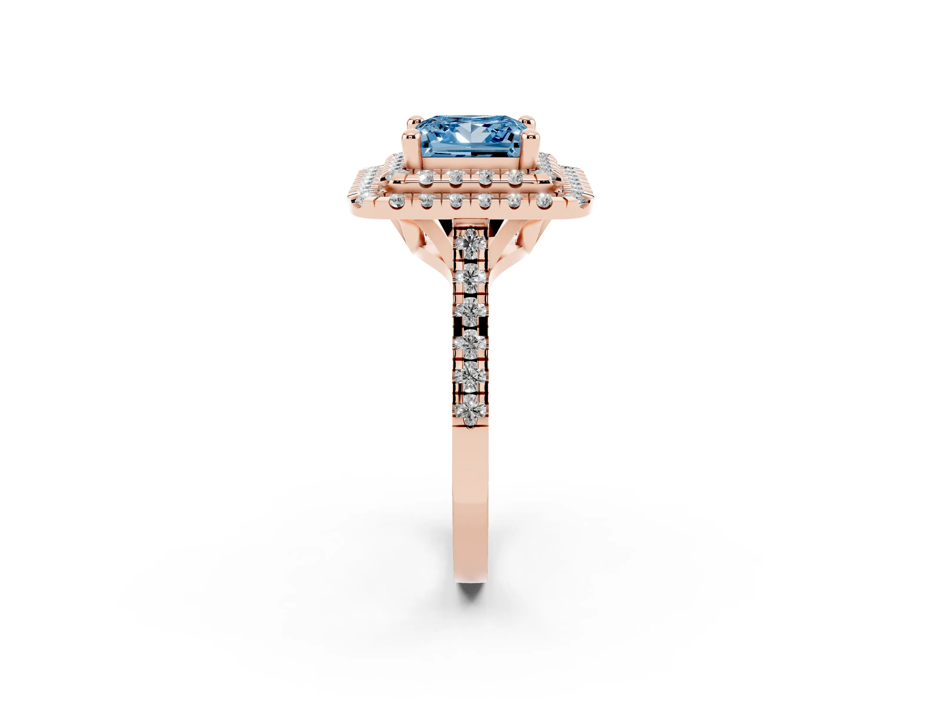 Fancy Blue Princess Cut Diamond Double Halo Statement Ring Set in Rose gold with Pavé Band