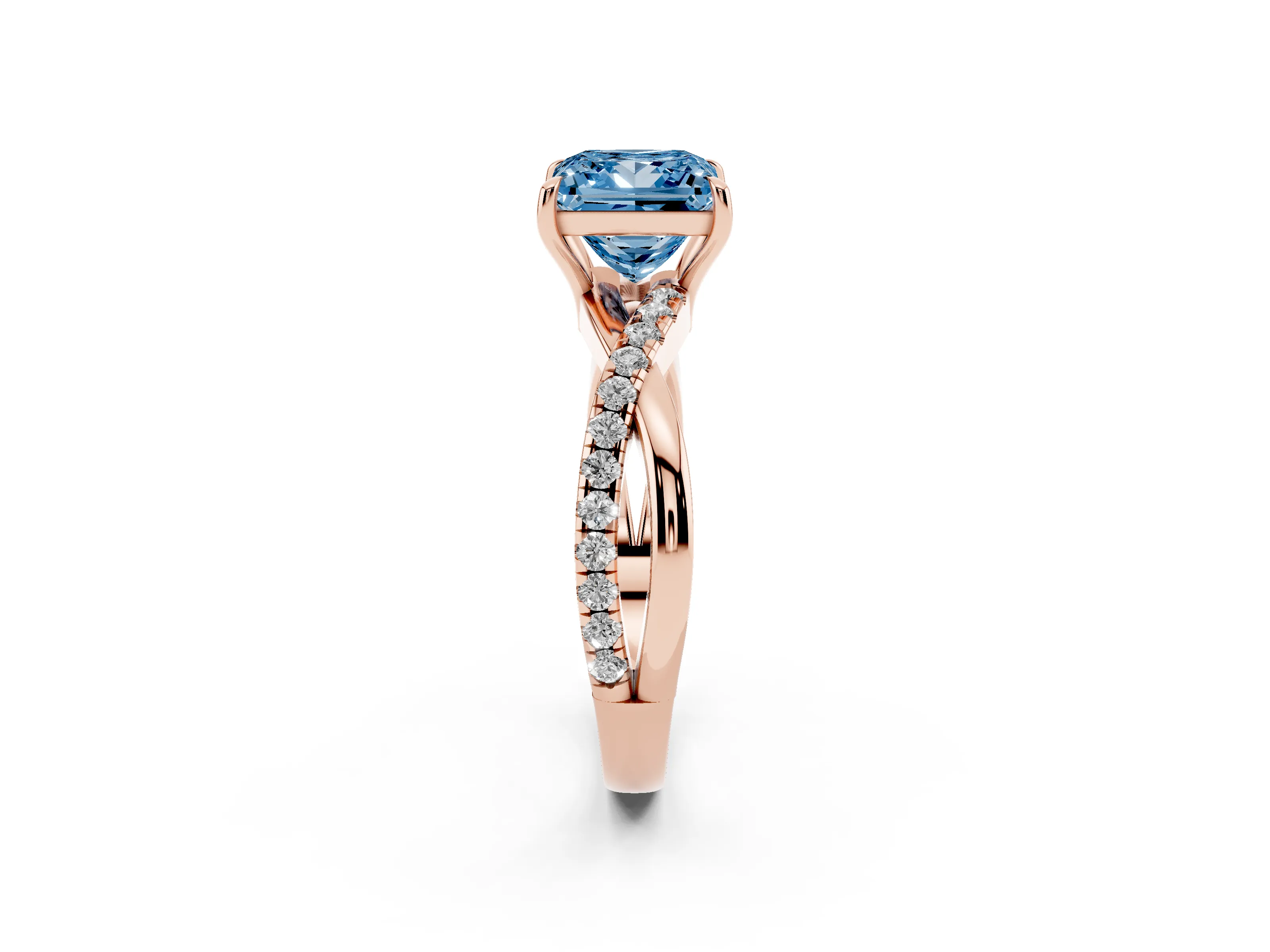 Fancy Blue Princess Cut Diamond Twisted Pavé Band Ring Set in Rose gold with Prong Setting