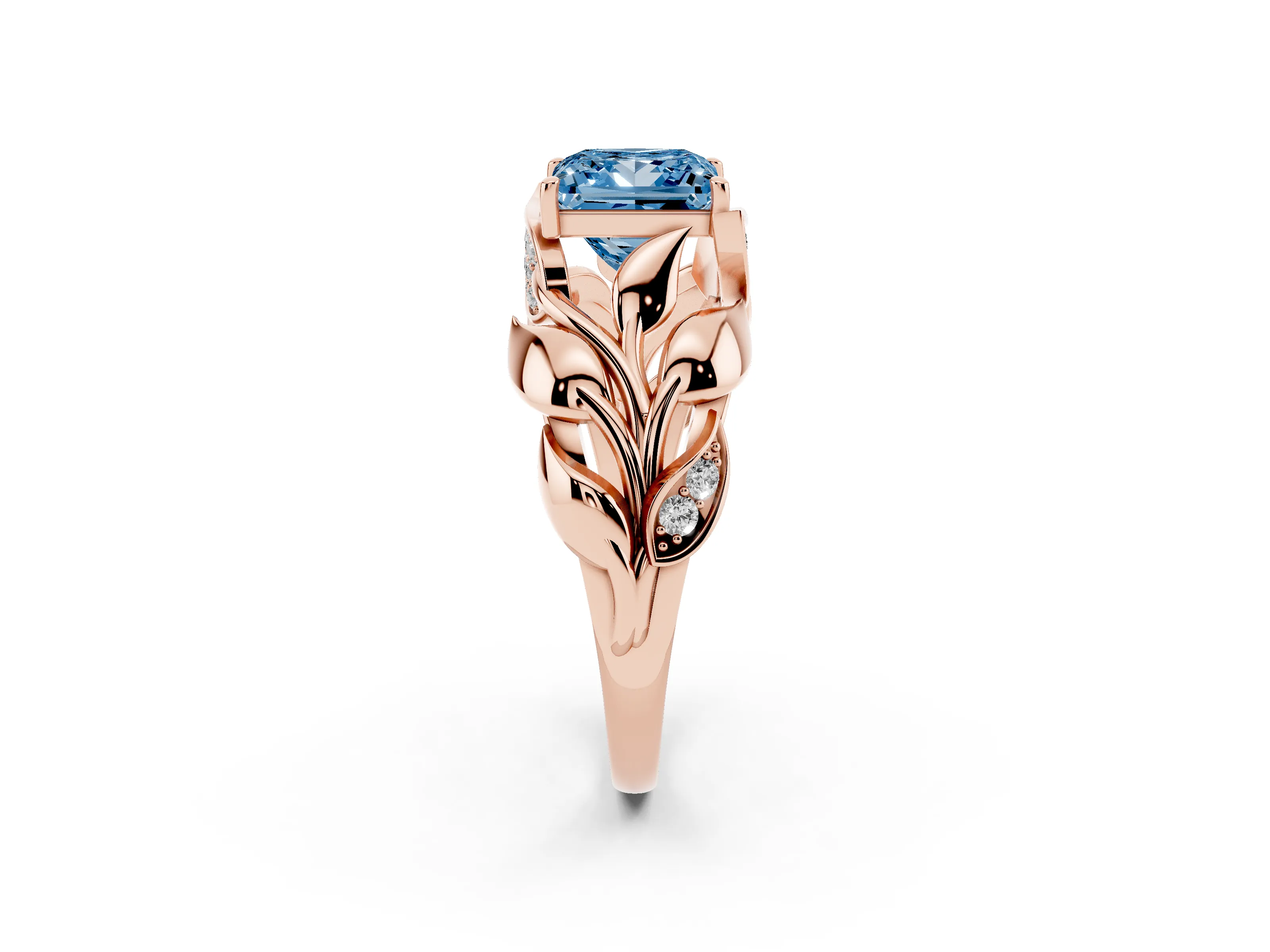 Fancy Blue Princess Cut Diamond Leaf-Inspired Engagement Ring Set in Rose gold with Round Accents