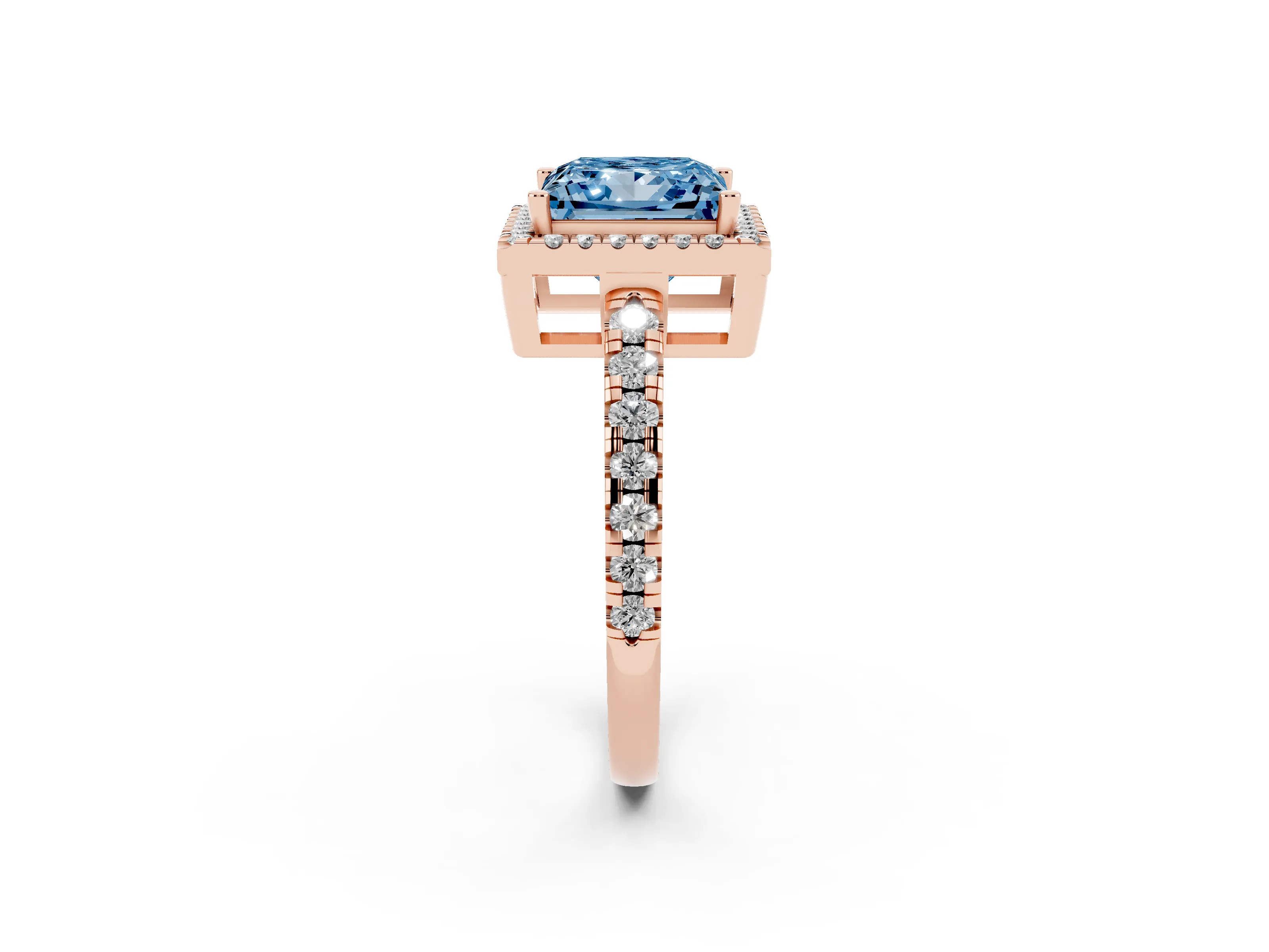 Fancy Blue Princess Cut Diamond Halo Ring Set in Rose gold with Delicate Pavé Band and Prong Setting
