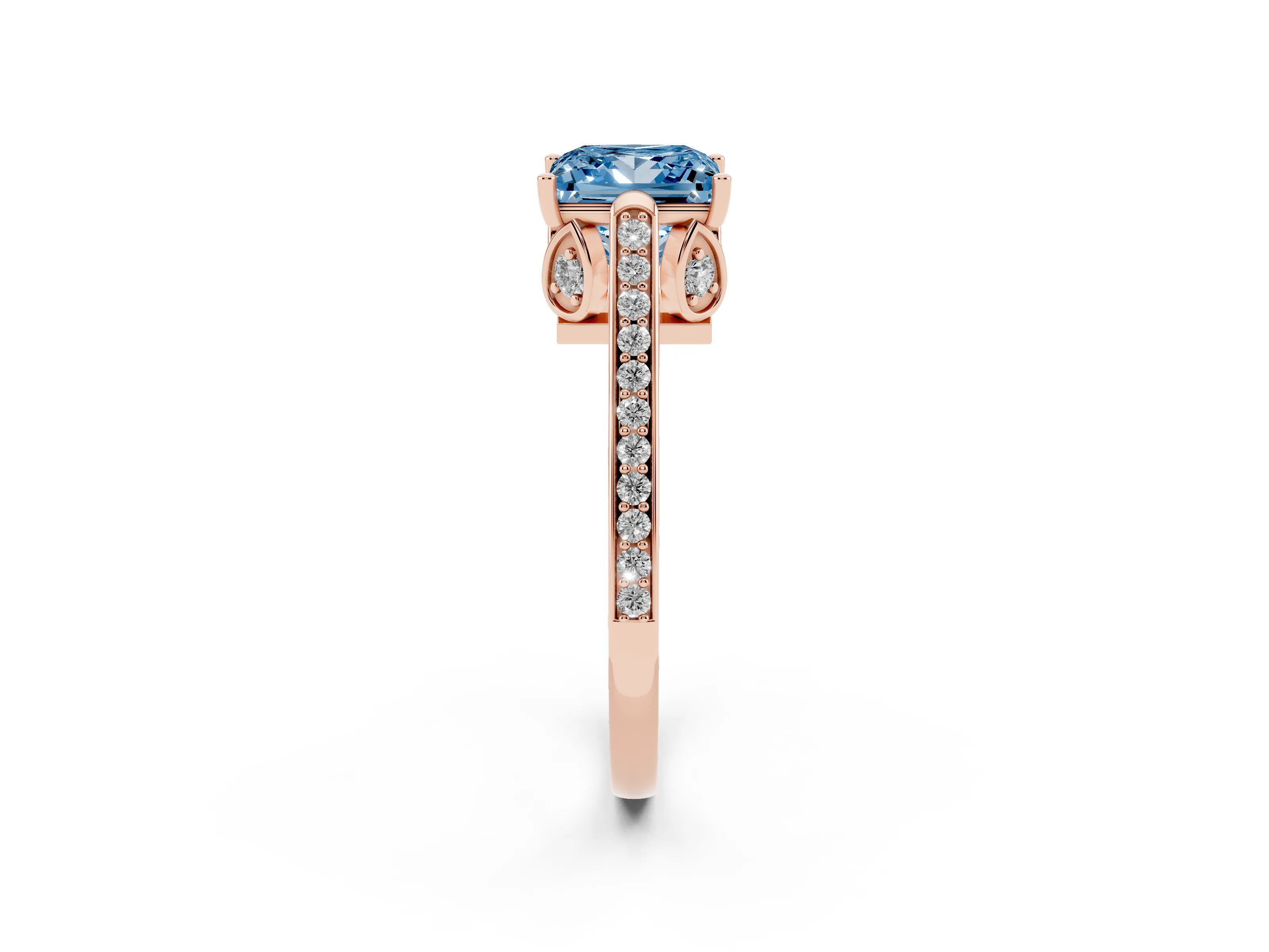 Fancy Blue Princess Cut Diamond Cathedral Pavé Engagement Ring Set in Rose gold with Prong Setting