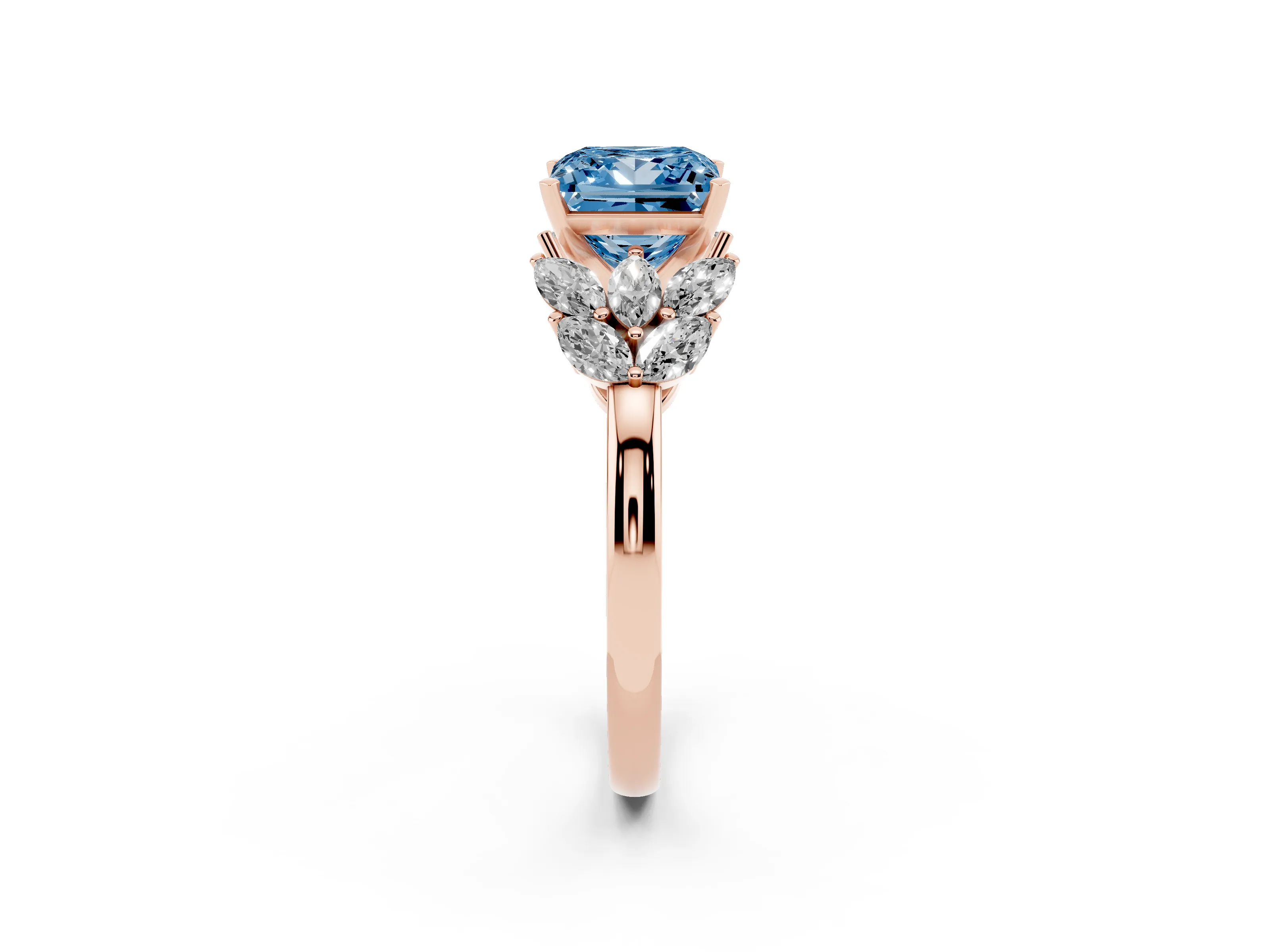 Fancy Blue Princess Cut Diamond Cluster Leaf Design Ring Set in Rose gold with Prong Setting